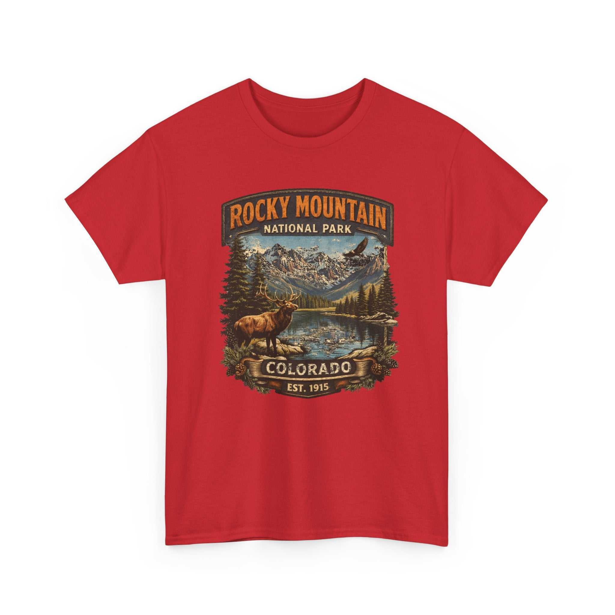 Big Sky Ranch Co. Rocky Mountain National Park graphic T-shirt with vintage outdoors elk design, showcasing a scenic Colorado landscape.