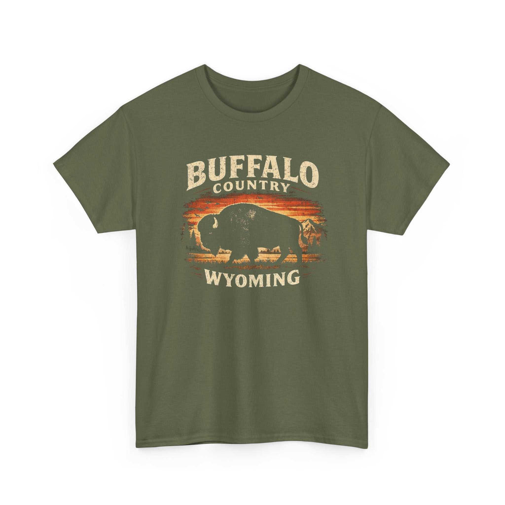 Big Sky Ranch Co. Buffalo Country Wyoming T-Shirt featuring a western buffalo graphic on soft cotton fabric.