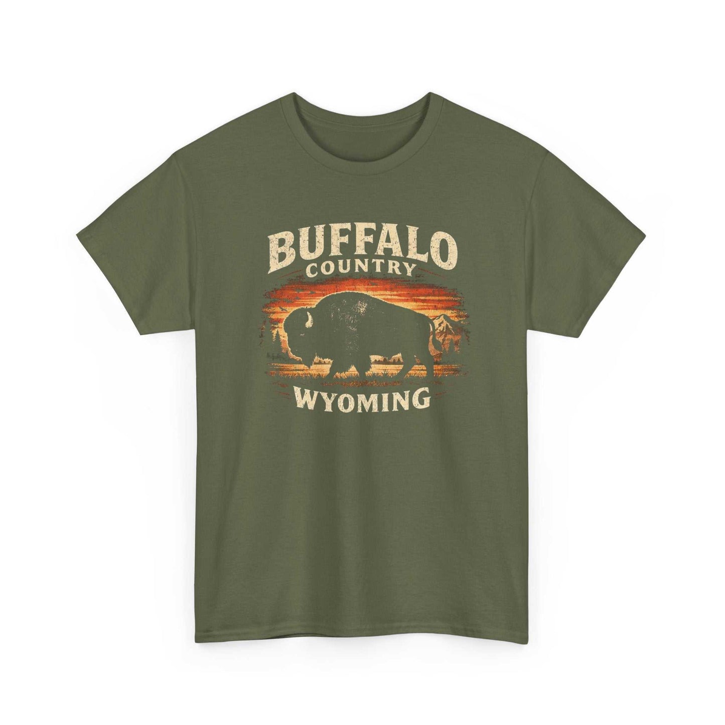 Big Sky Ranch Co. Buffalo Country Wyoming T-Shirt featuring a western buffalo graphic on soft cotton fabric.
