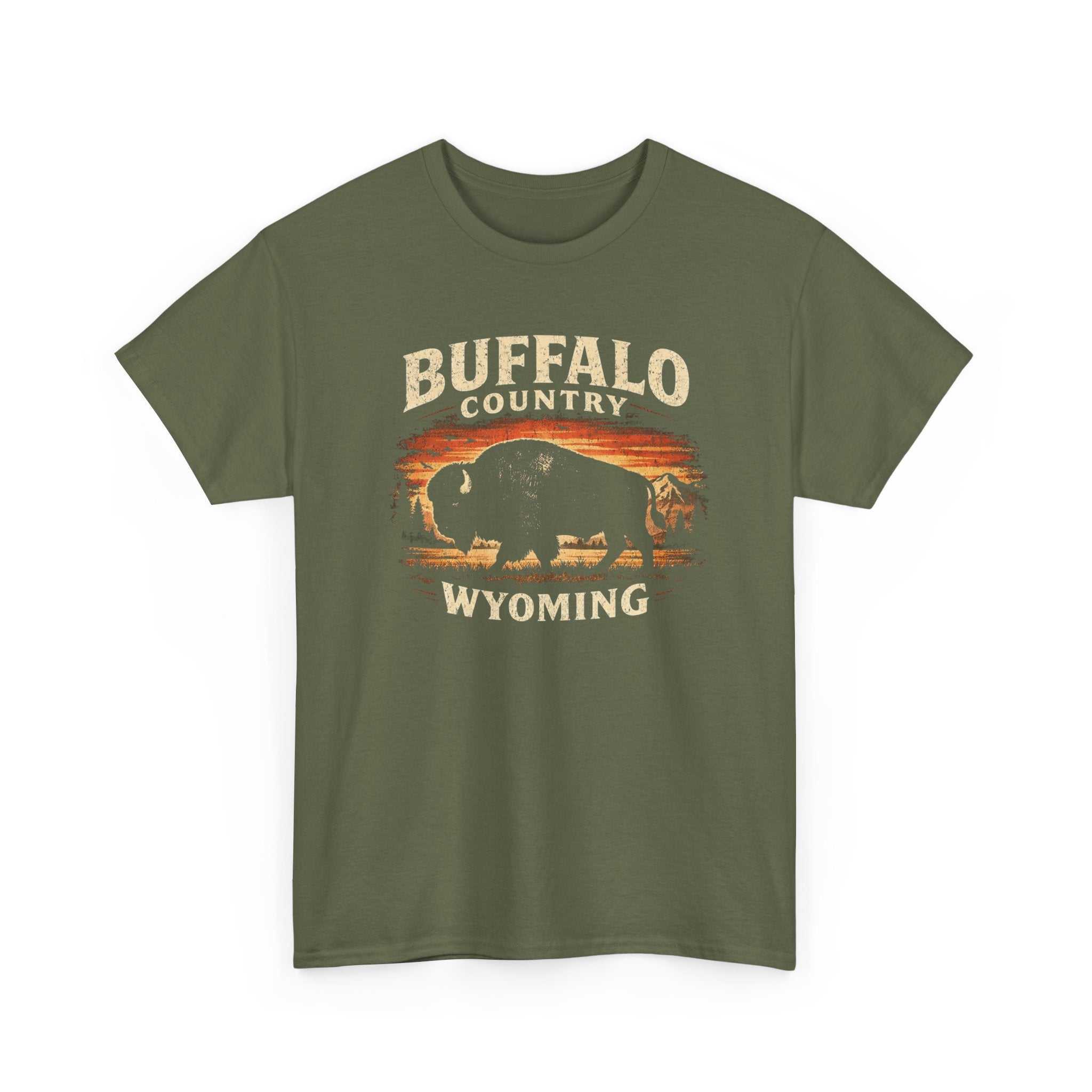 Big Sky Ranch Co. Buffalo Country Wyoming T-Shirt featuring a western buffalo graphic on soft cotton fabric.