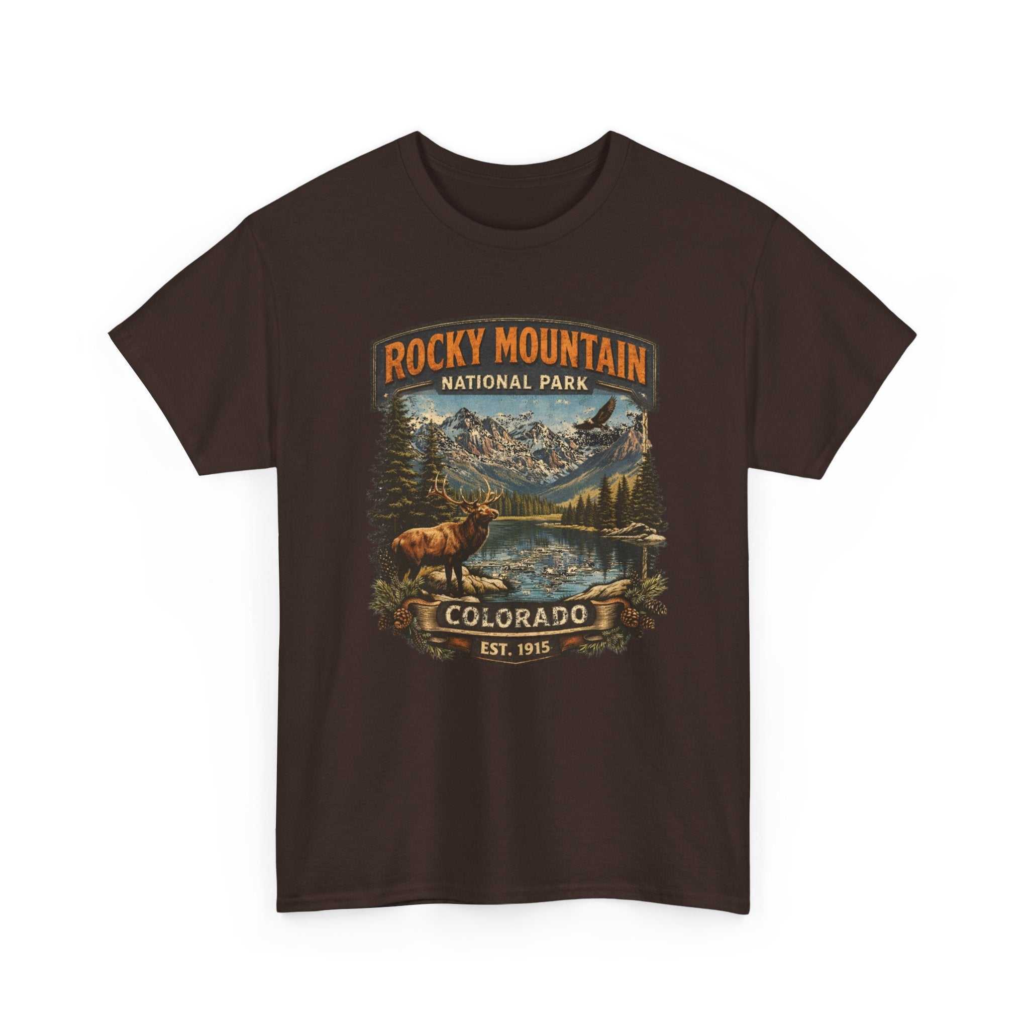 Vintage Rocky Mountain National Park Colorado graphic tee by Big Sky Ranch Co. featuring an elk design on a casual T-shirt.