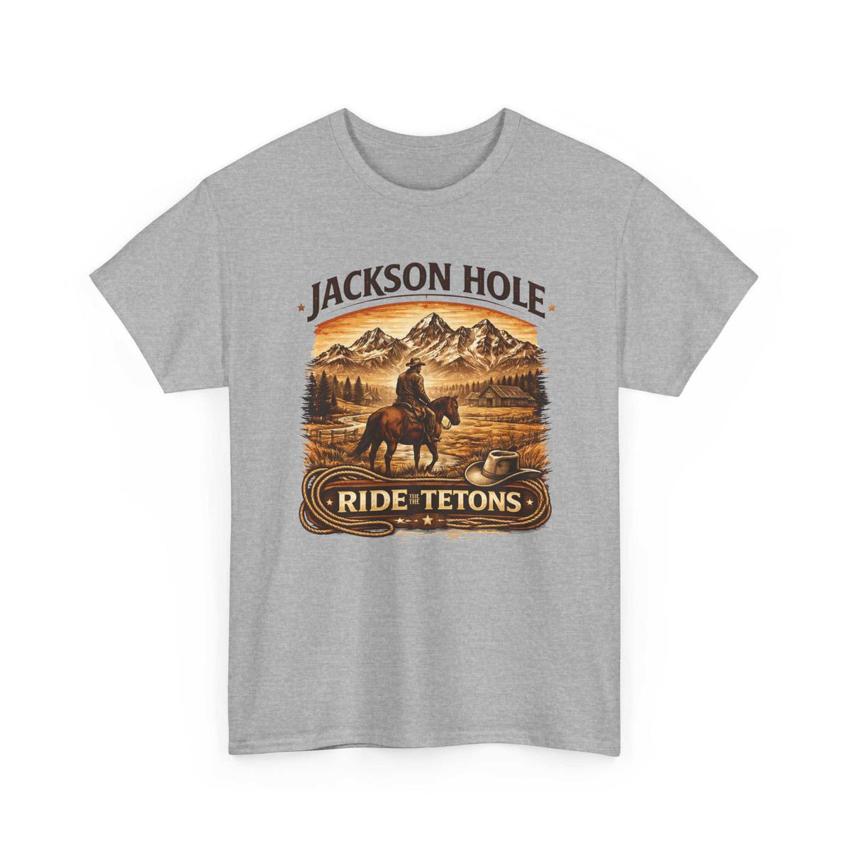 Big Sky Ranch Co. Jackson Hole Ride Tetons T-Shirt featuring mountain and rodeo graphic on soft cotton fabric.
