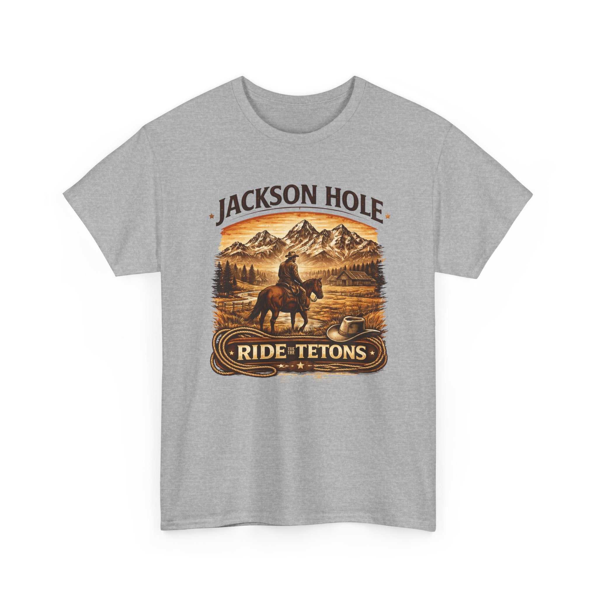 Big Sky Ranch Co. Jackson Hole Ride Tetons T-Shirt featuring mountain and rodeo graphic on soft cotton fabric.