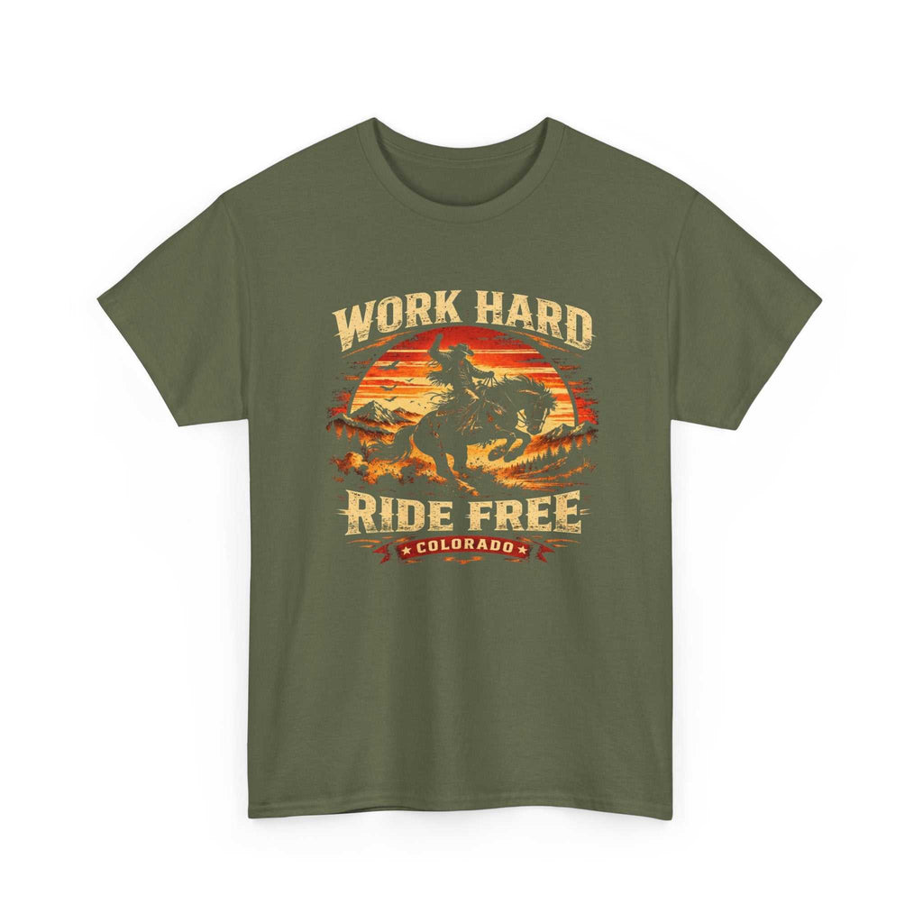Big Sky Ranch Co. Work Hard Ride Free Colorado Cowboy motorcycle retro sunset T-shirt, casual graphic tee for motorcycle enthusiasts