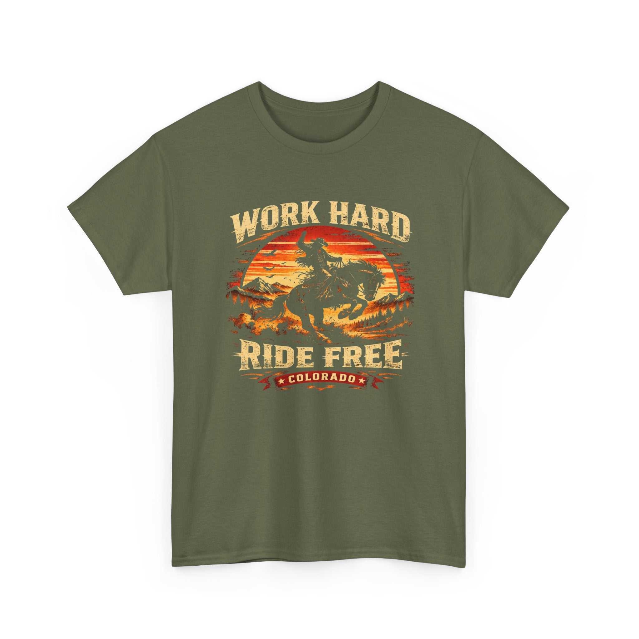 Big Sky Ranch Co. Work Hard Ride Free Colorado Cowboy motorcycle retro sunset T-shirt, casual graphic tee for motorcycle enthusiasts