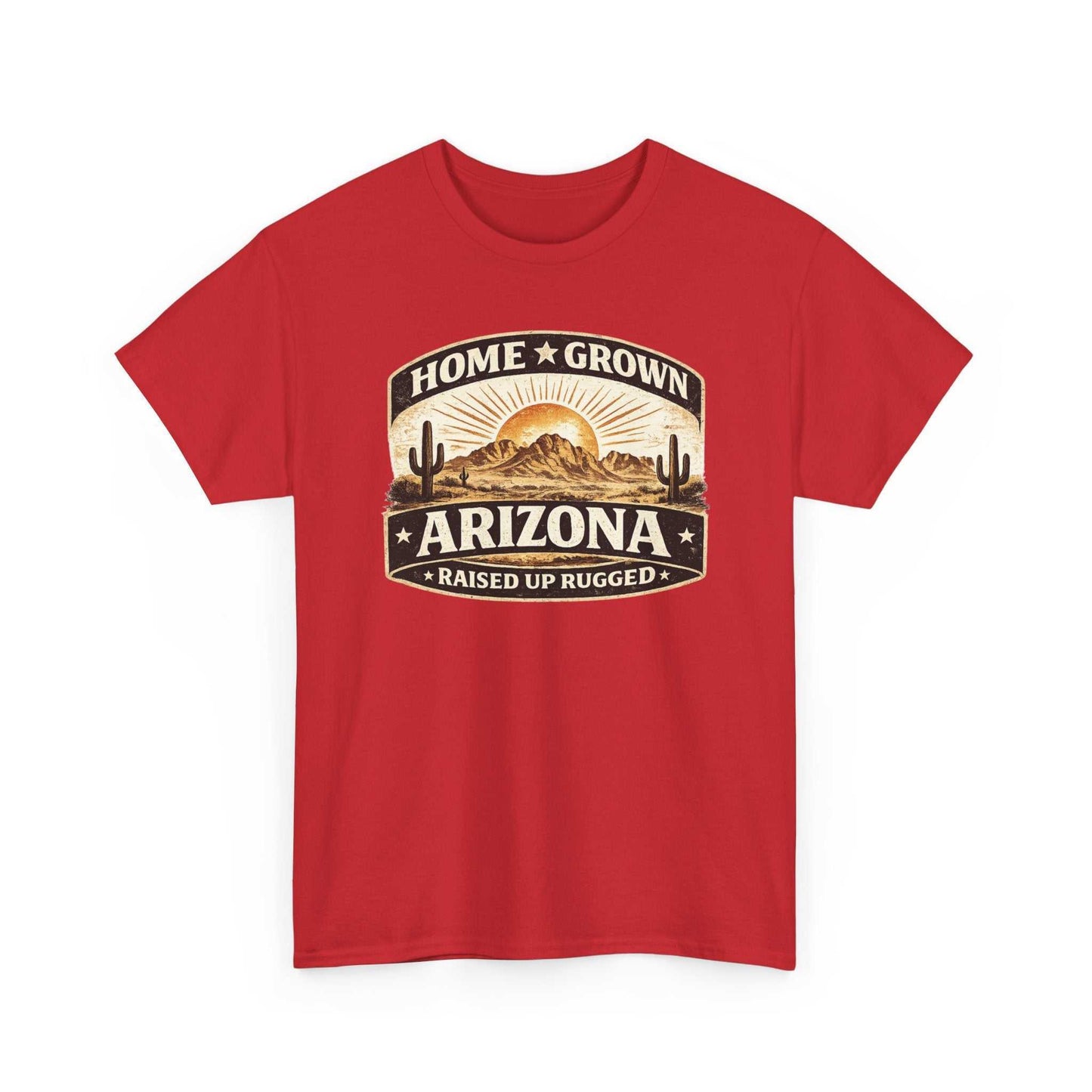 Arizona Home Grown T-Shirt by Big Sky Ranch Co. featuring a desert sunset and rugged "Home Grown Arizona" design.