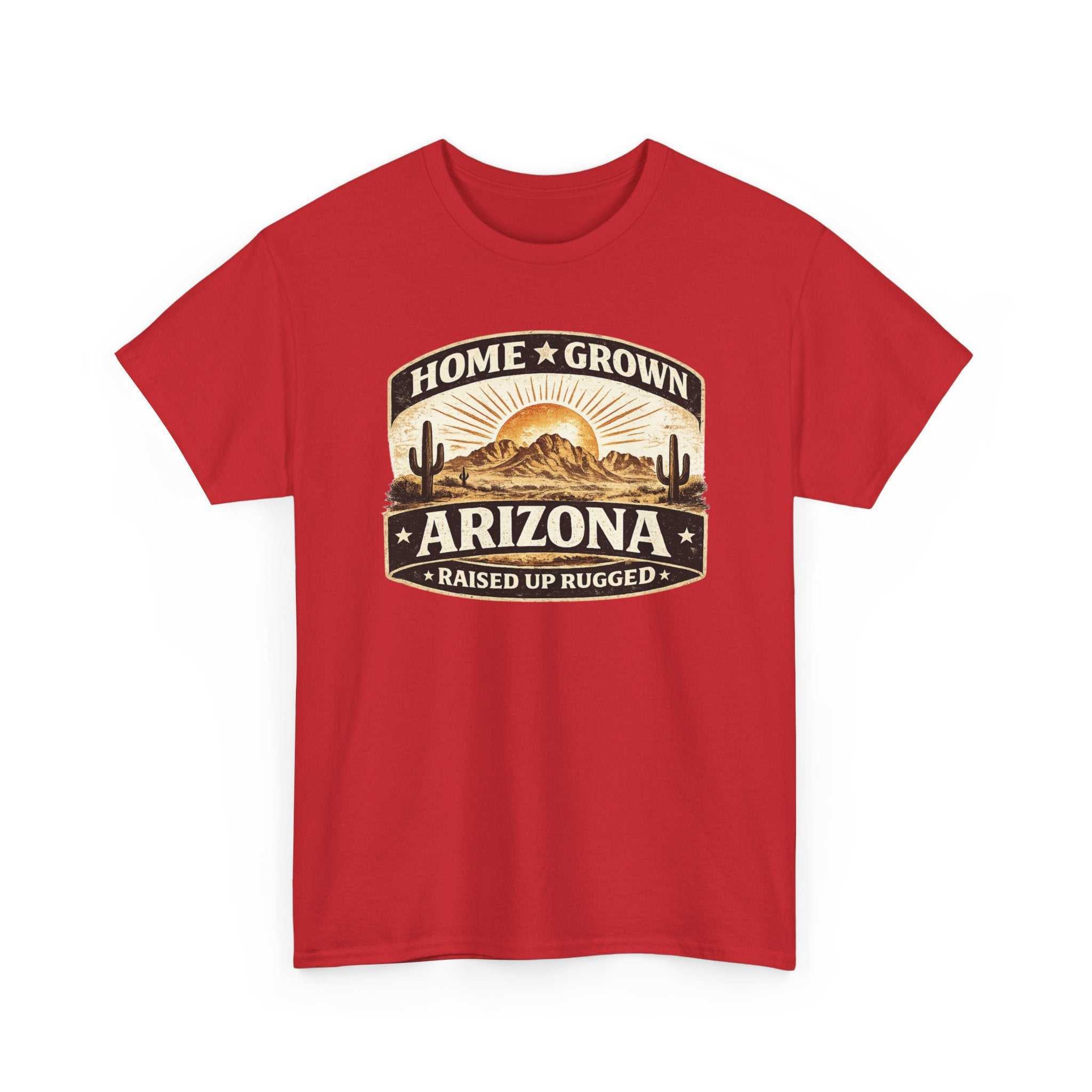 Arizona Home Grown T-Shirt by Big Sky Ranch Co. featuring a desert sunset and rugged "Home Grown Arizona" design.