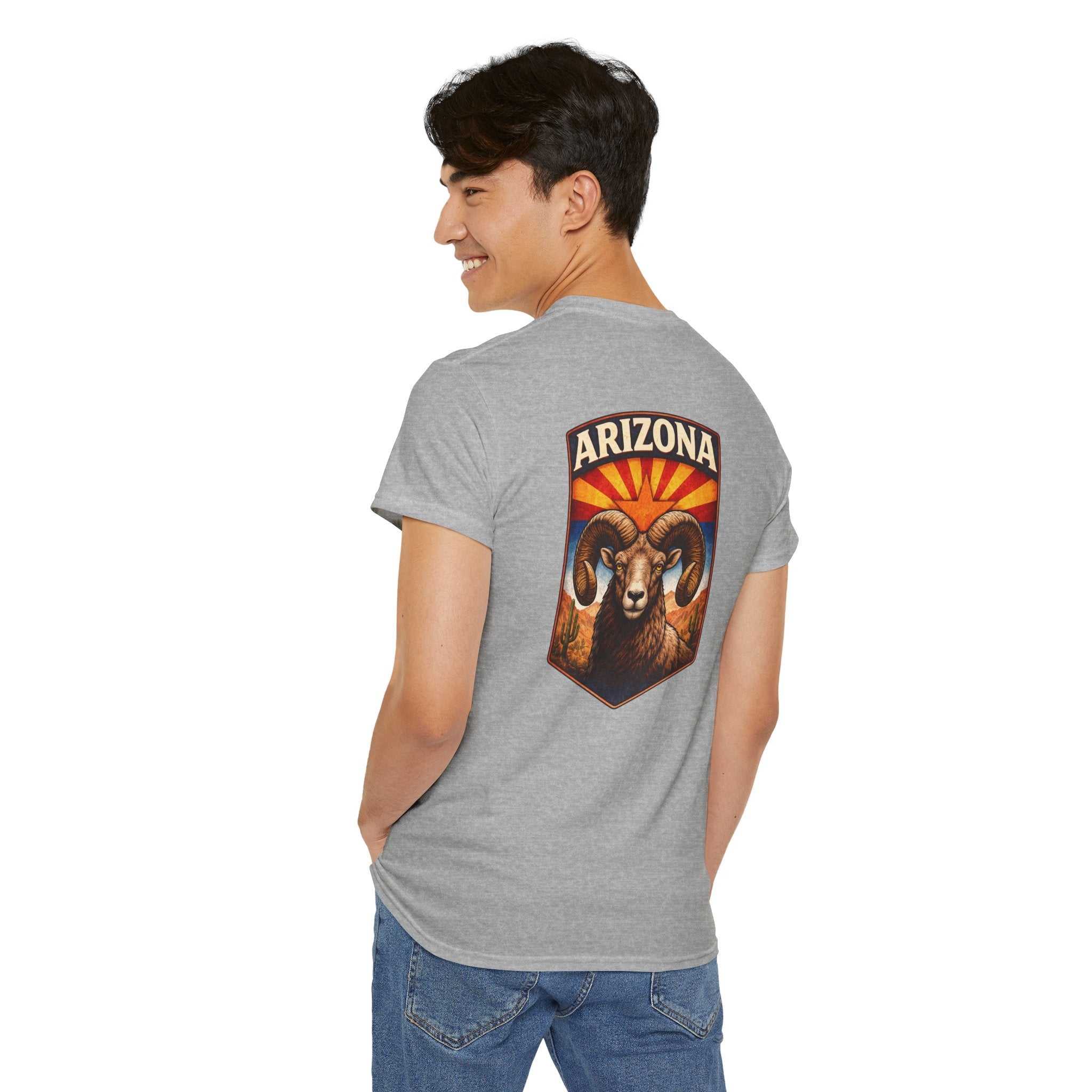 Arizona Desert Bighorn Ram T-Shirt by Big Sky Ranch Co. featuring a retro state badge design on a casual tee.