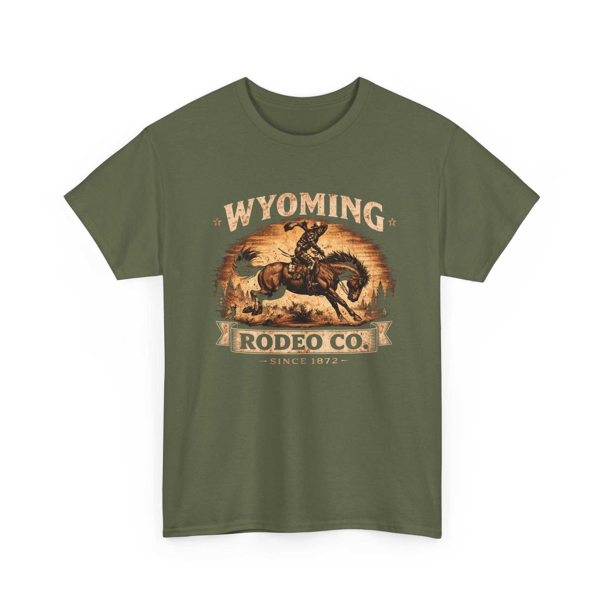 Vintage Bucking Bronco T-Shirt by Big Sky Ranch Co., featuring Wyoming Rodeo Co. logo, classic rodeo design, and rugged style.
