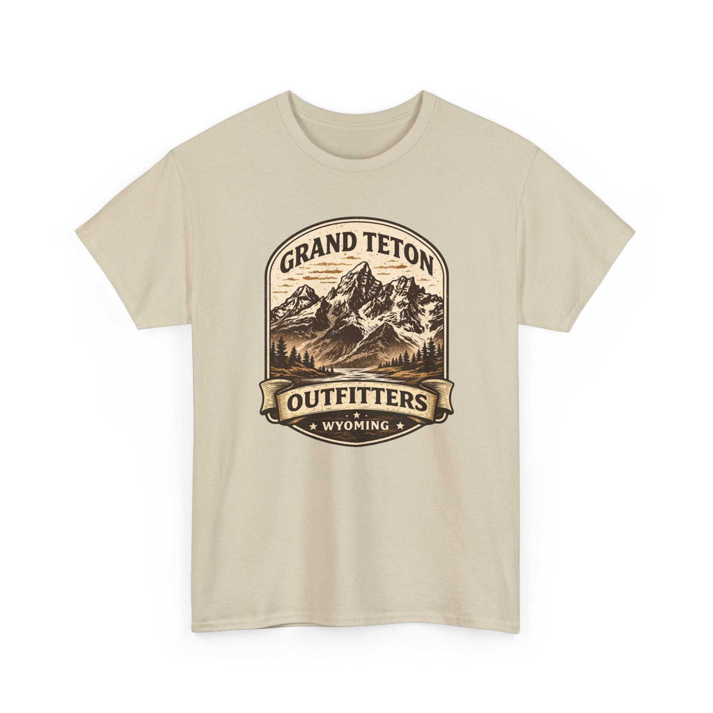 Big Sky Ranch Co. Grand Teton Outfitters Wyoming mountain adventure T-shirt featuring outdoor mountain scenery and rugged design.