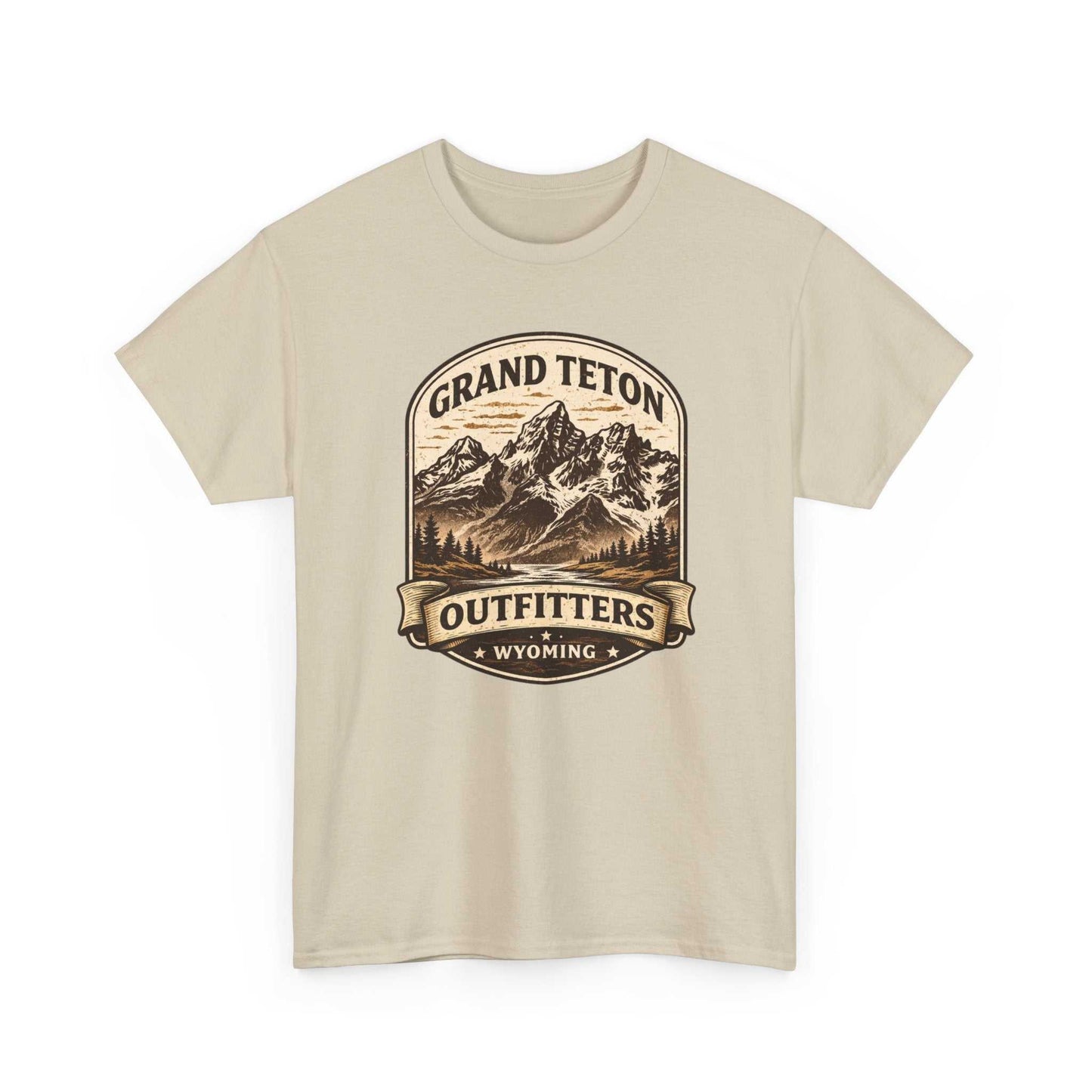 Big Sky Ranch Co. Grand Teton Outfitters Wyoming mountain adventure T-shirt featuring outdoor mountain scenery and rugged design.