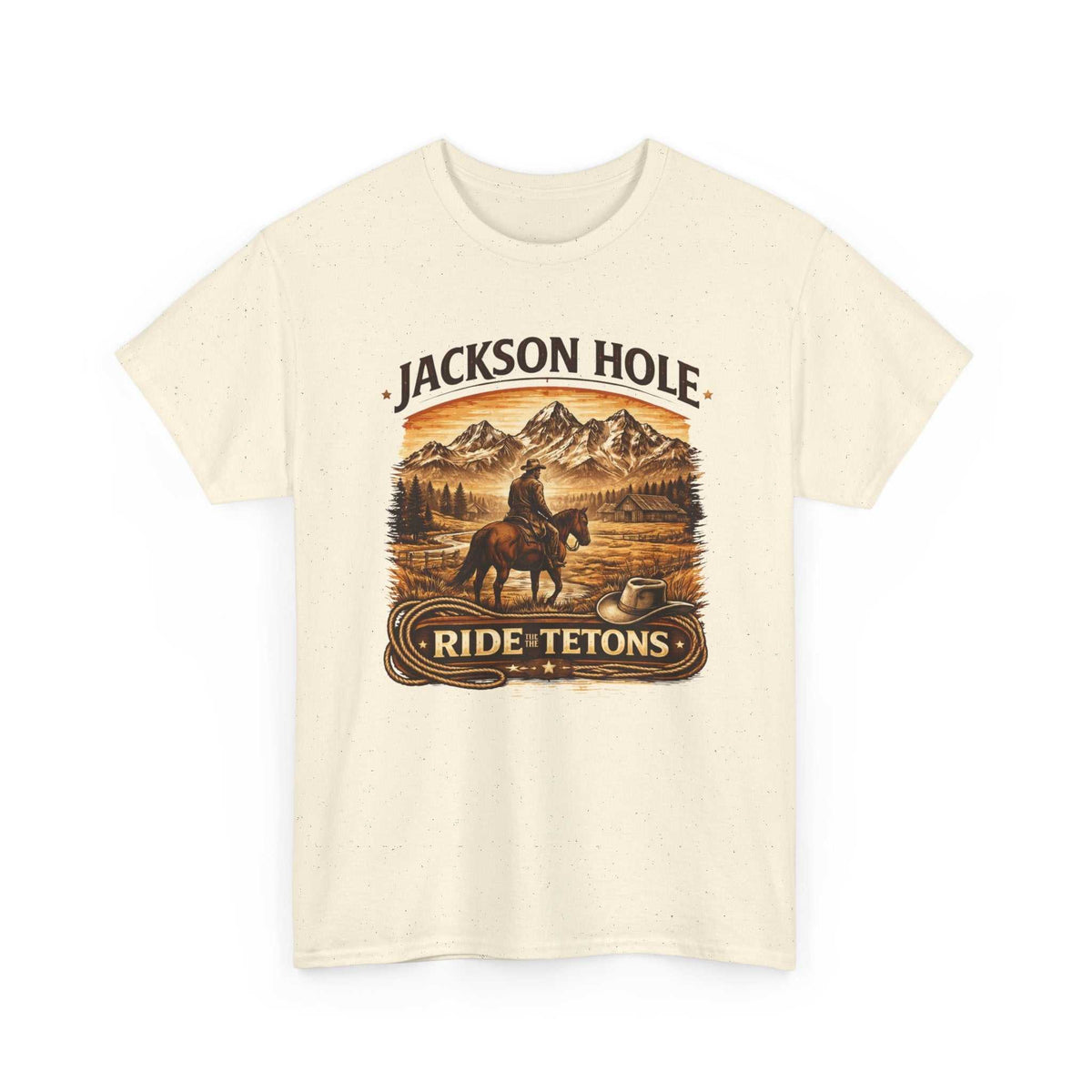 Big Sky Ranch Co. Jackson Hole Ride Tetons T-Shirt featuring mountain and rodeo graphic on soft cotton fabric.