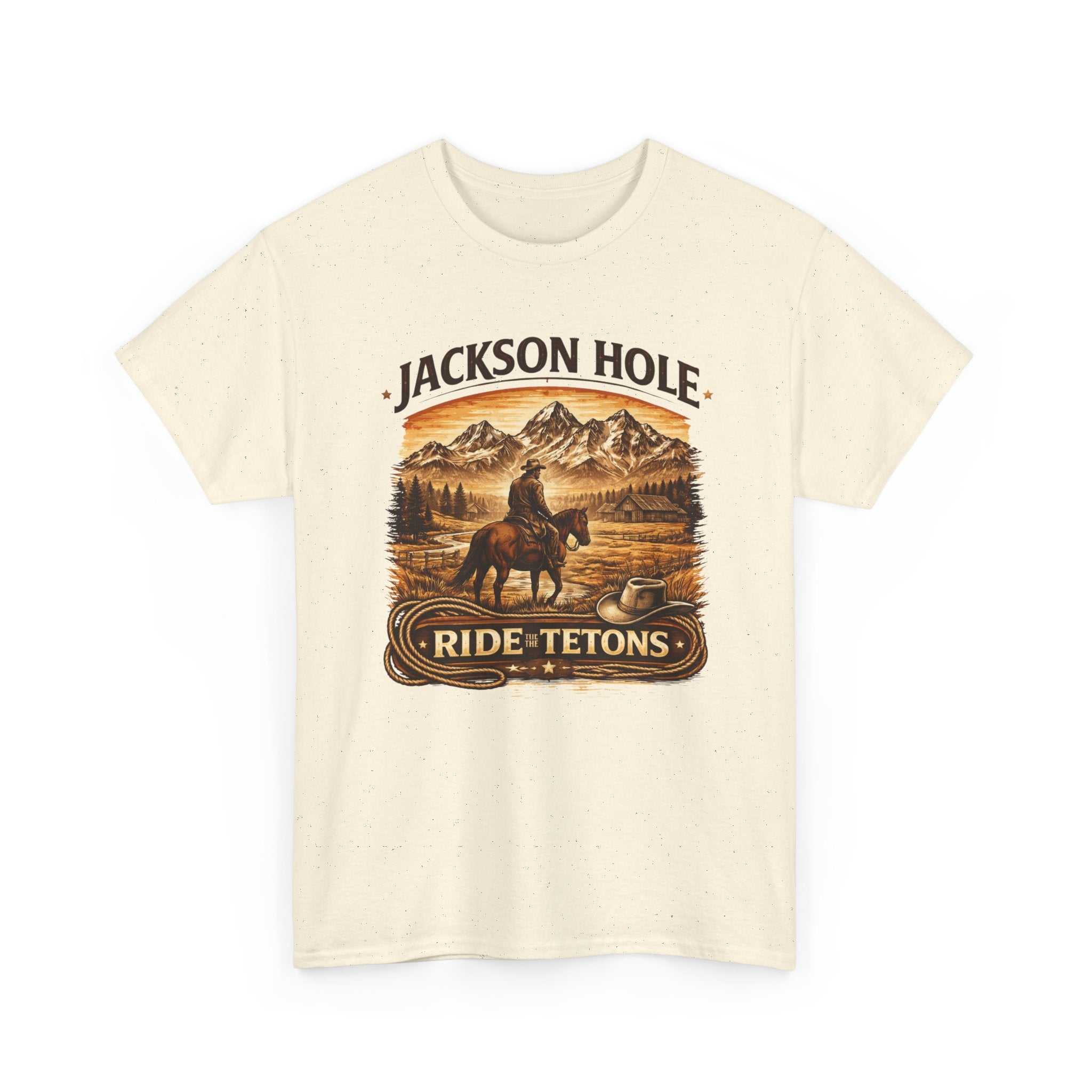 Big Sky Ranch Co. Jackson Hole Ride Tetons T-Shirt featuring mountain and rodeo graphic on soft cotton fabric.