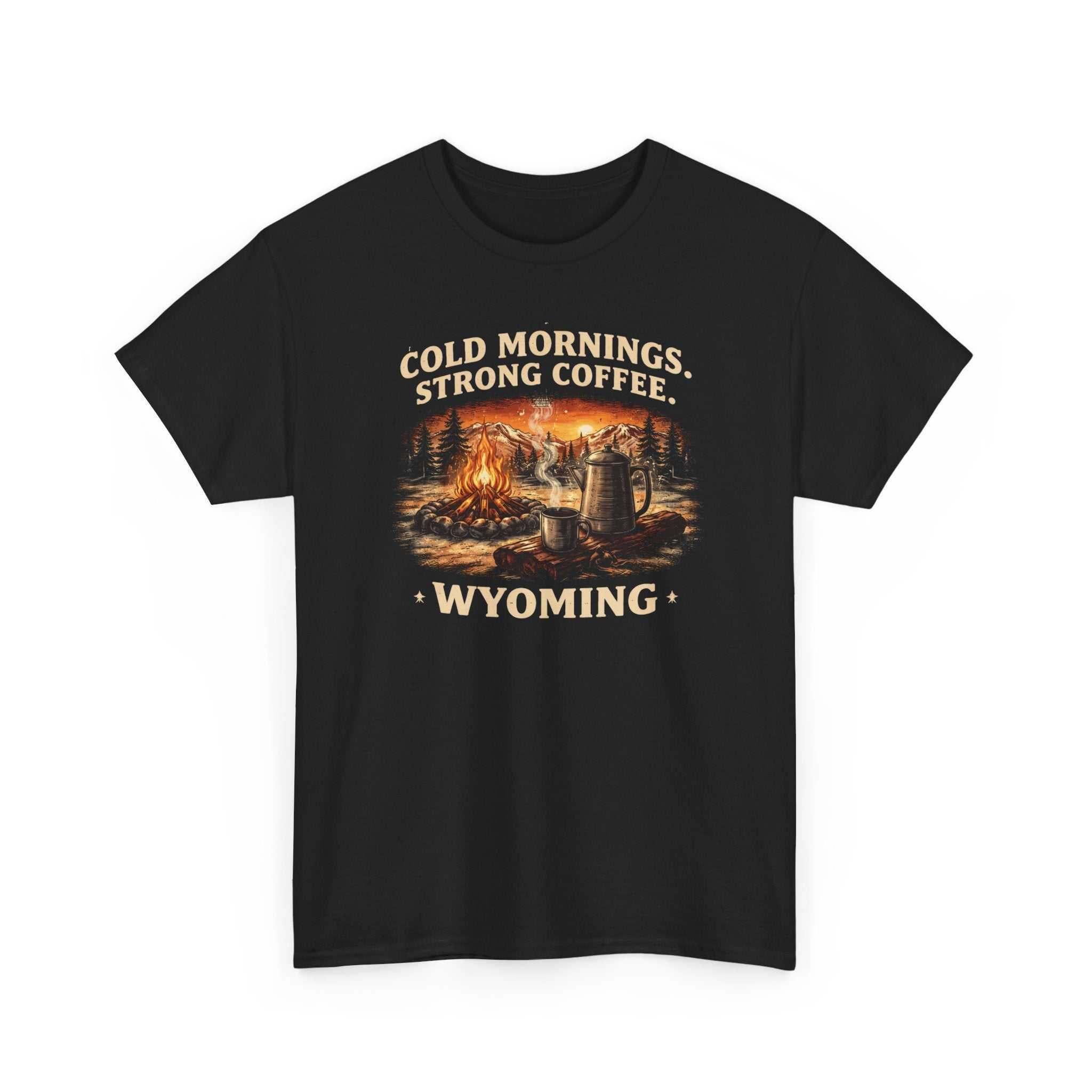 Big Sky Ranch Co. Wyoming Campfire T-Shirt with outdoor graphic and "Cold Mornings, Strong Coffee" text on soft cotton tee