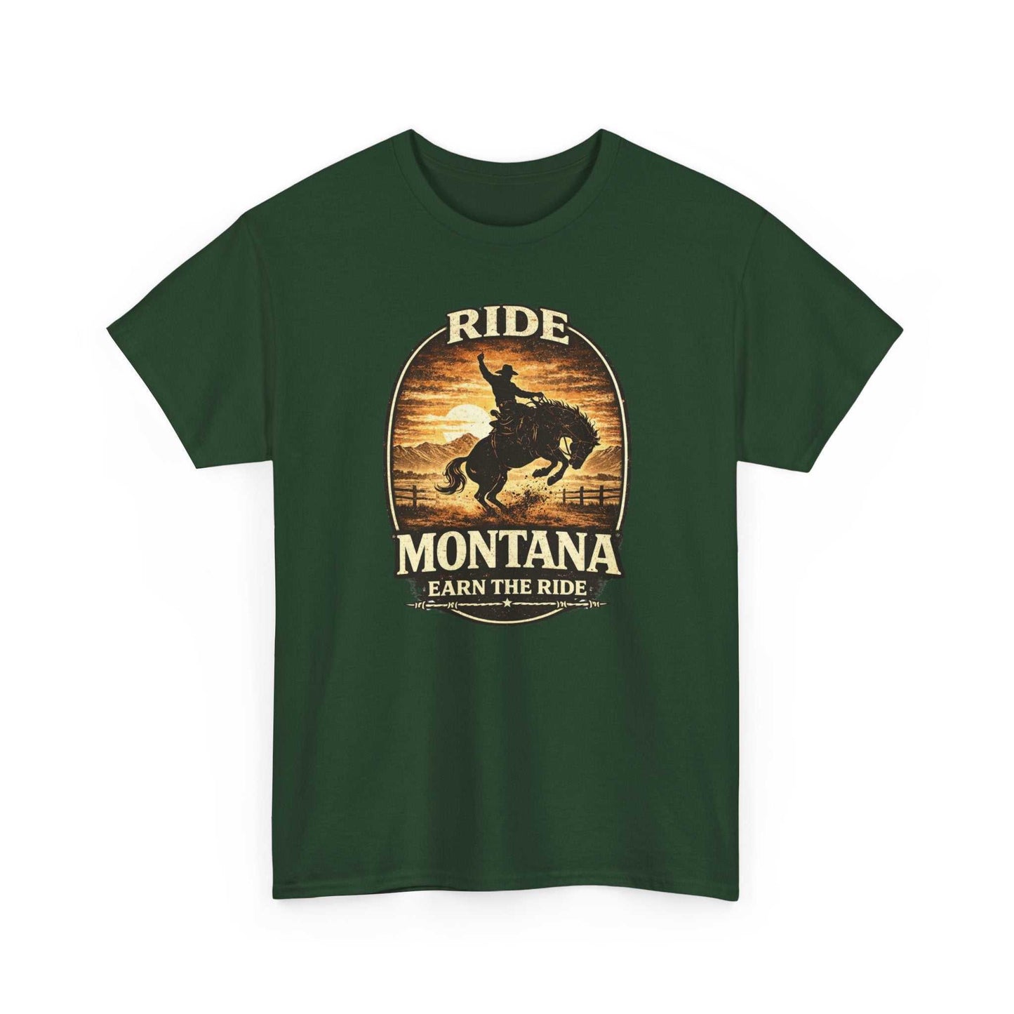 Vintage Montana T-Shirt by Big Sky Ranch Co., featuring a cowboy sunset design and classic Bronco graphic.