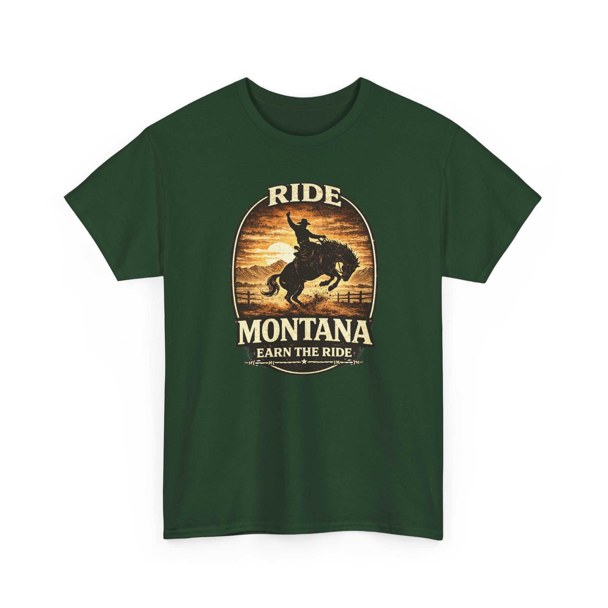 Vintage Montana T-Shirt by Big Sky Ranch Co., featuring a cowboy sunset design and classic Bronco graphic.