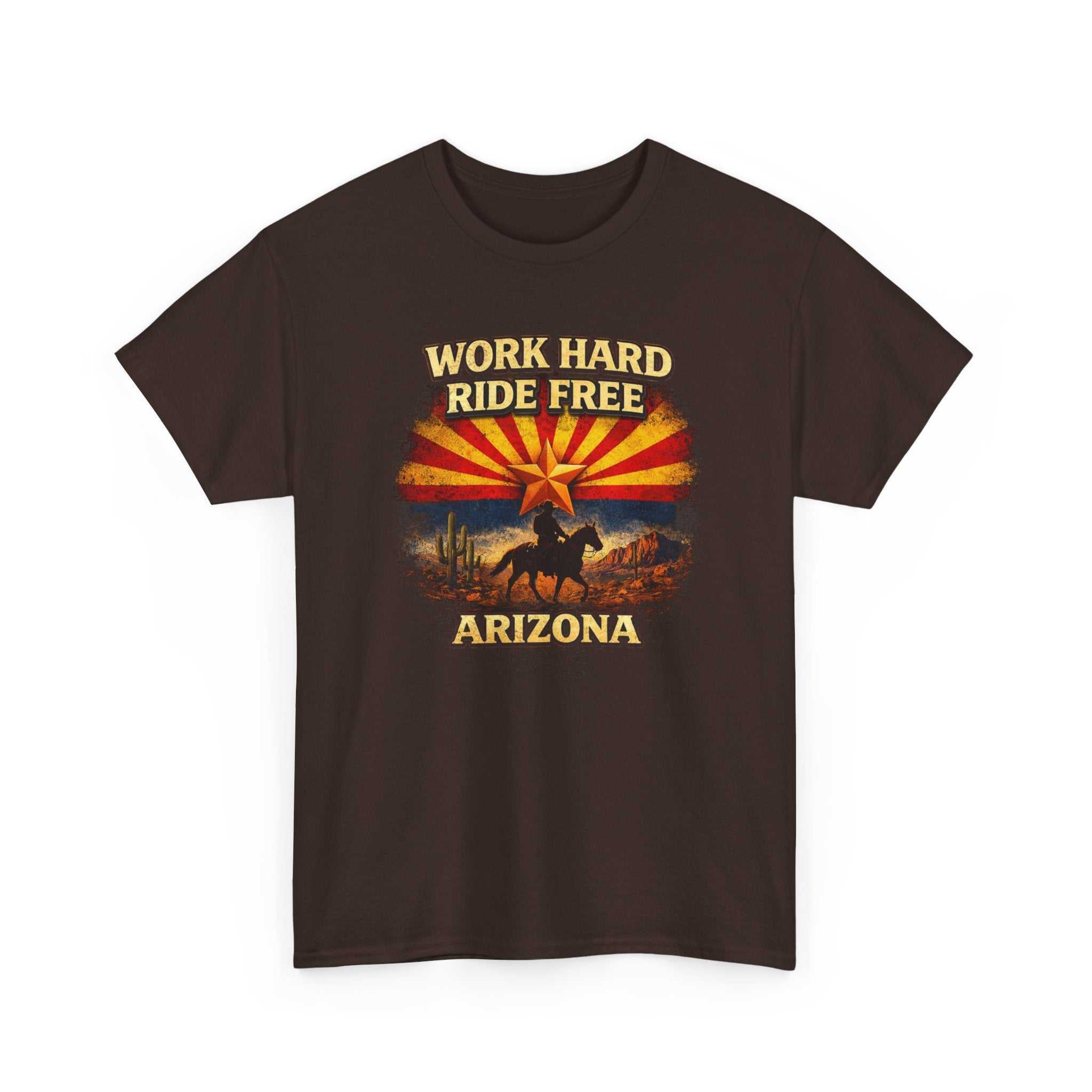 Arizona Big Sky Ranch Co. cowboy T-shirt with "Work Hard Ride Free" slogan, casual Western-inspired cotton T-shirt.