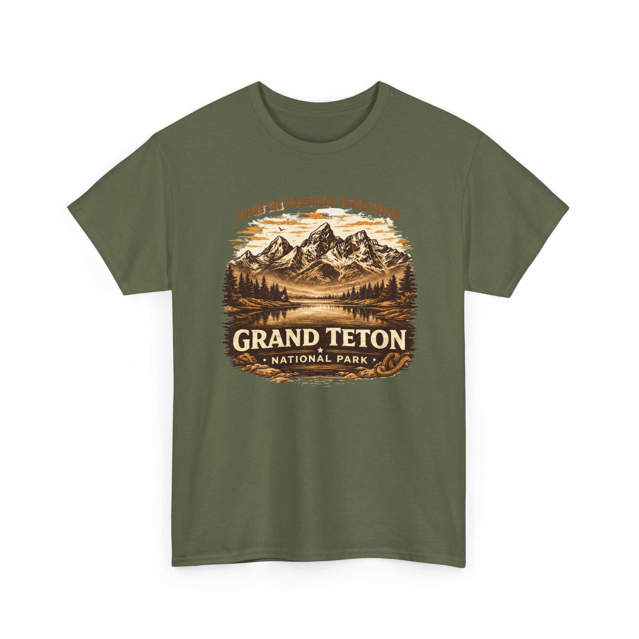 Vintage-style Grand Teton National Park T-shirt by Big Sky Ranch Co. featuring mountain and camping graphic on soft fabric.