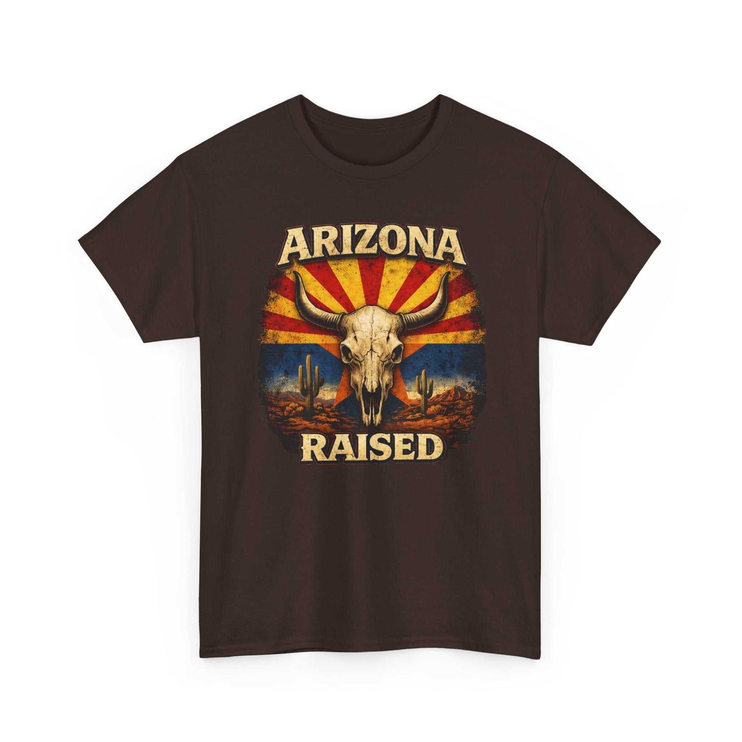 Arizona Raised T-Shirt by Big Sky Ranch Co. featuring desert skull and retro flag design on soft cotton tee.