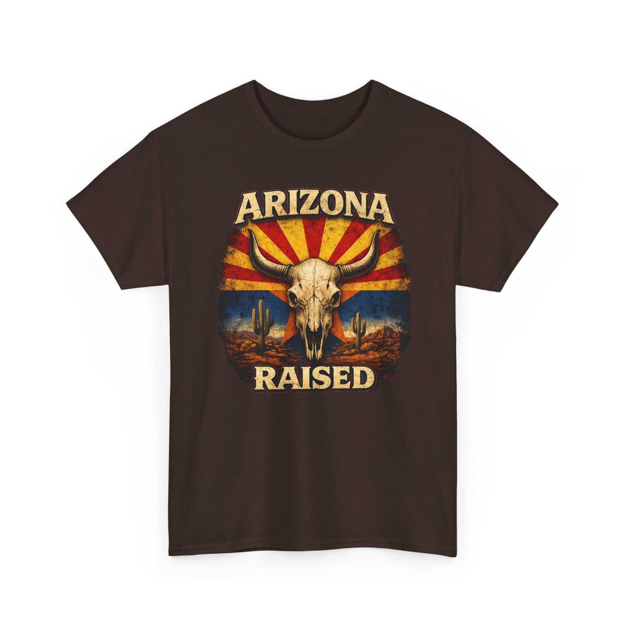 Arizona Raised T-Shirt by Big Sky Ranch Co. featuring desert skull and retro flag design on soft cotton tee.