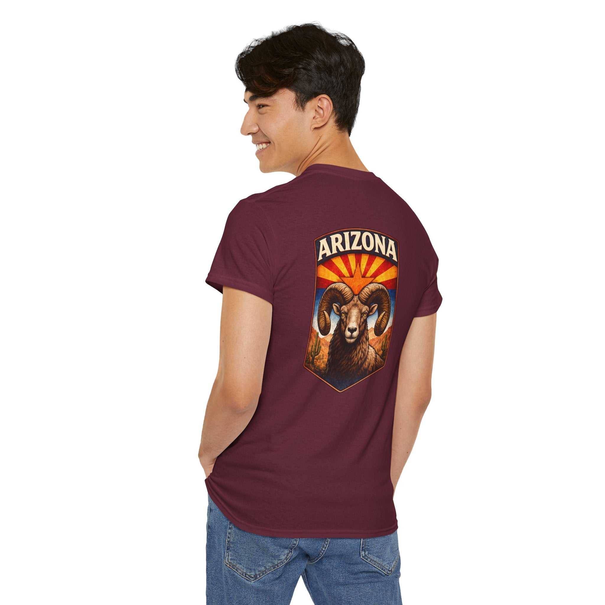 Arizona Desert Bighorn Ram T-Shirt by Big Sky Ranch Co. featuring a vintage state badge and desert ram graphic in natural colors.