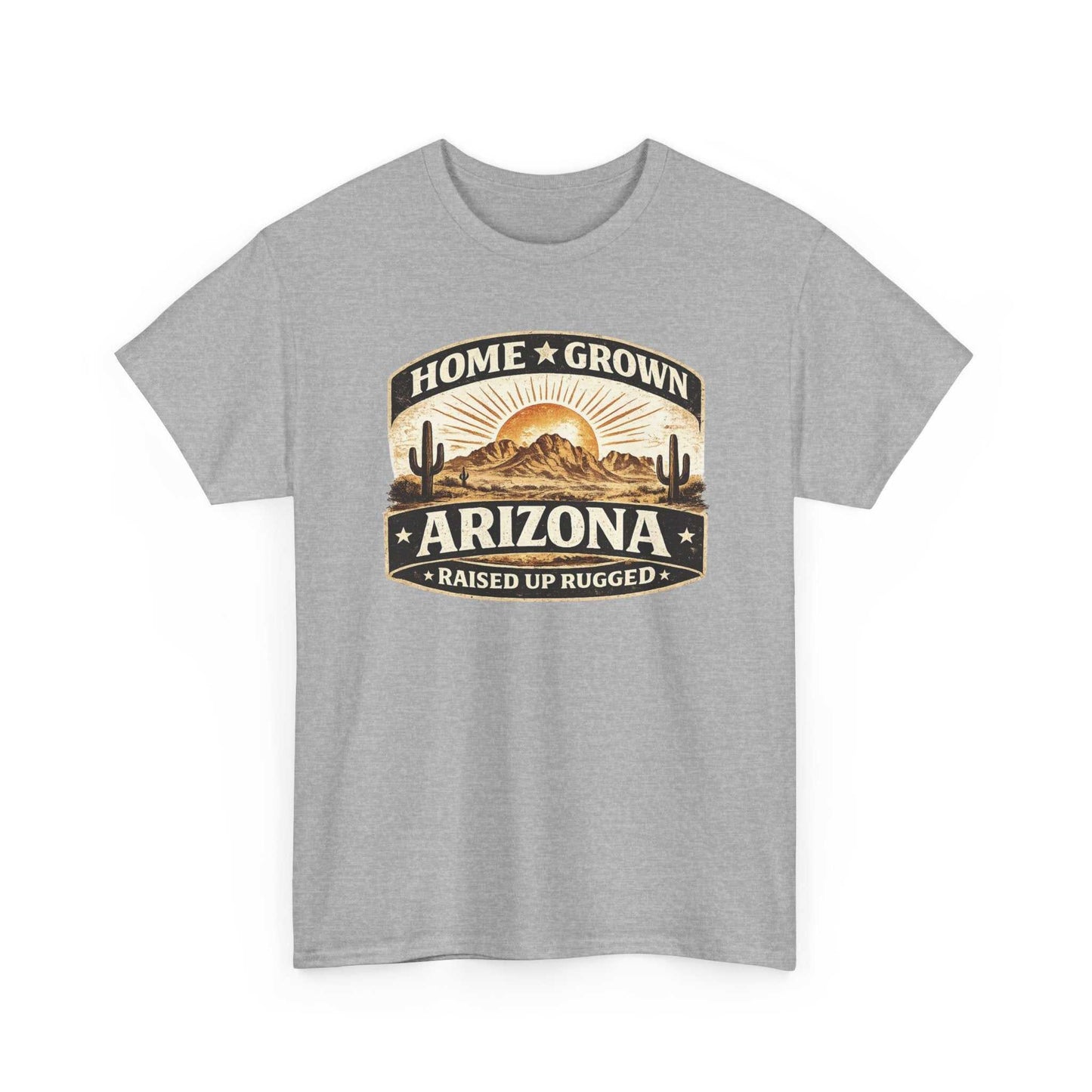 Arizona Home Grown T-Shirt by Big Sky Ranch Co. featuring a desert sunset design and “Home Grown Arizona” text.