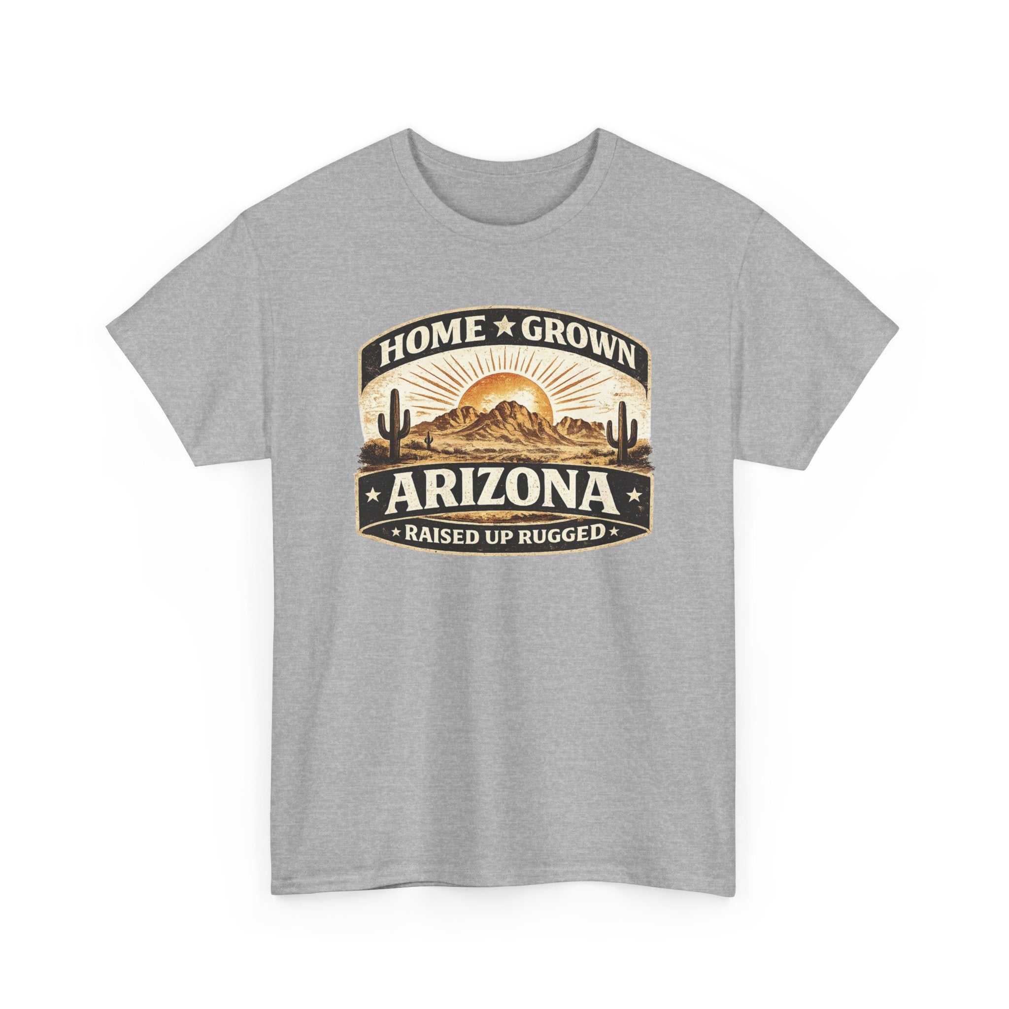 Arizona Home Grown T-Shirt by Big Sky Ranch Co. featuring a desert sunset design and “Home Grown Arizona” text.