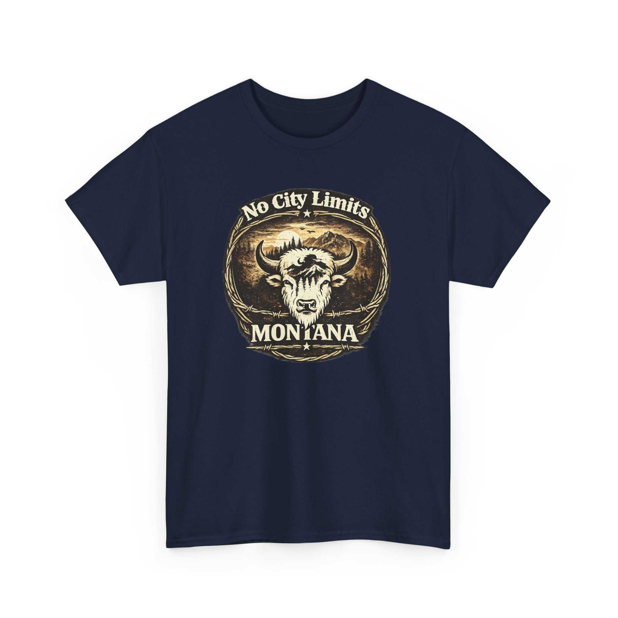 Big Sky Ranch Co. Montana Bison Tee "No City Limits" vintage western T-shirt featuring a bison graphic on soft cotton fabric.