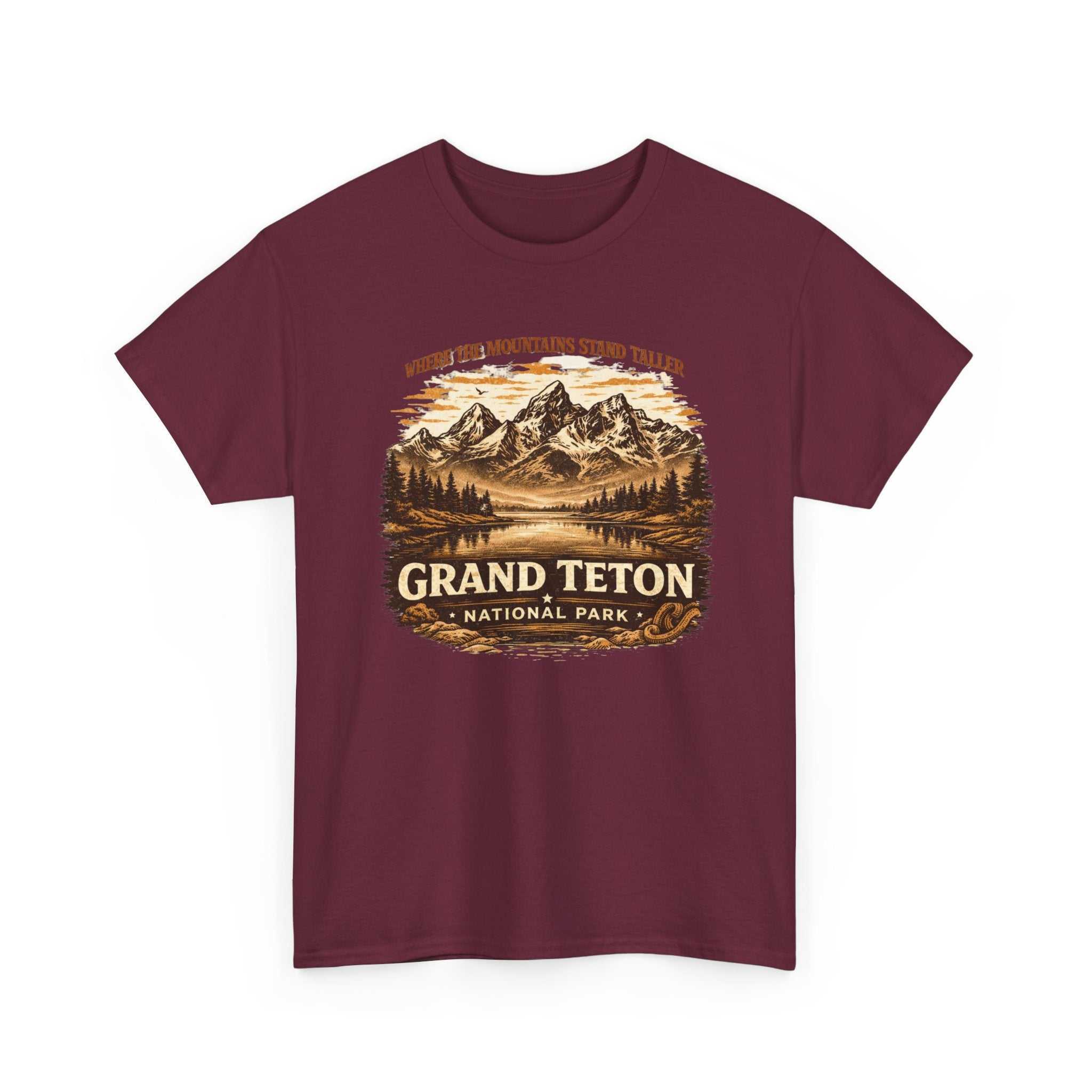 Vintage Grand Teton National Park T-shirt by Big Sky Ranch Co. featuring mountain and camping graphic on soft fabric.