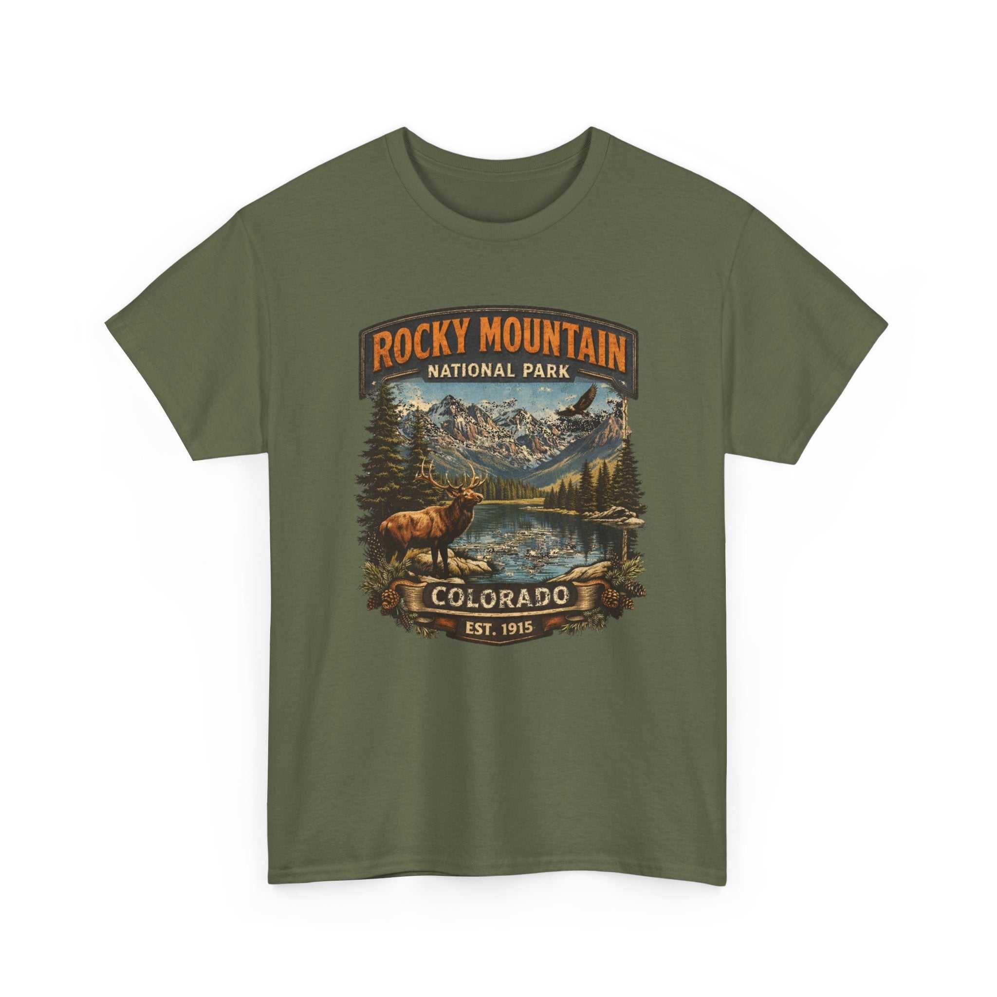 Big Sky Ranch Co. Rocky Mountain National Park Colorado graphic T-shirt with vintage outdoors elk design on soft fabric.