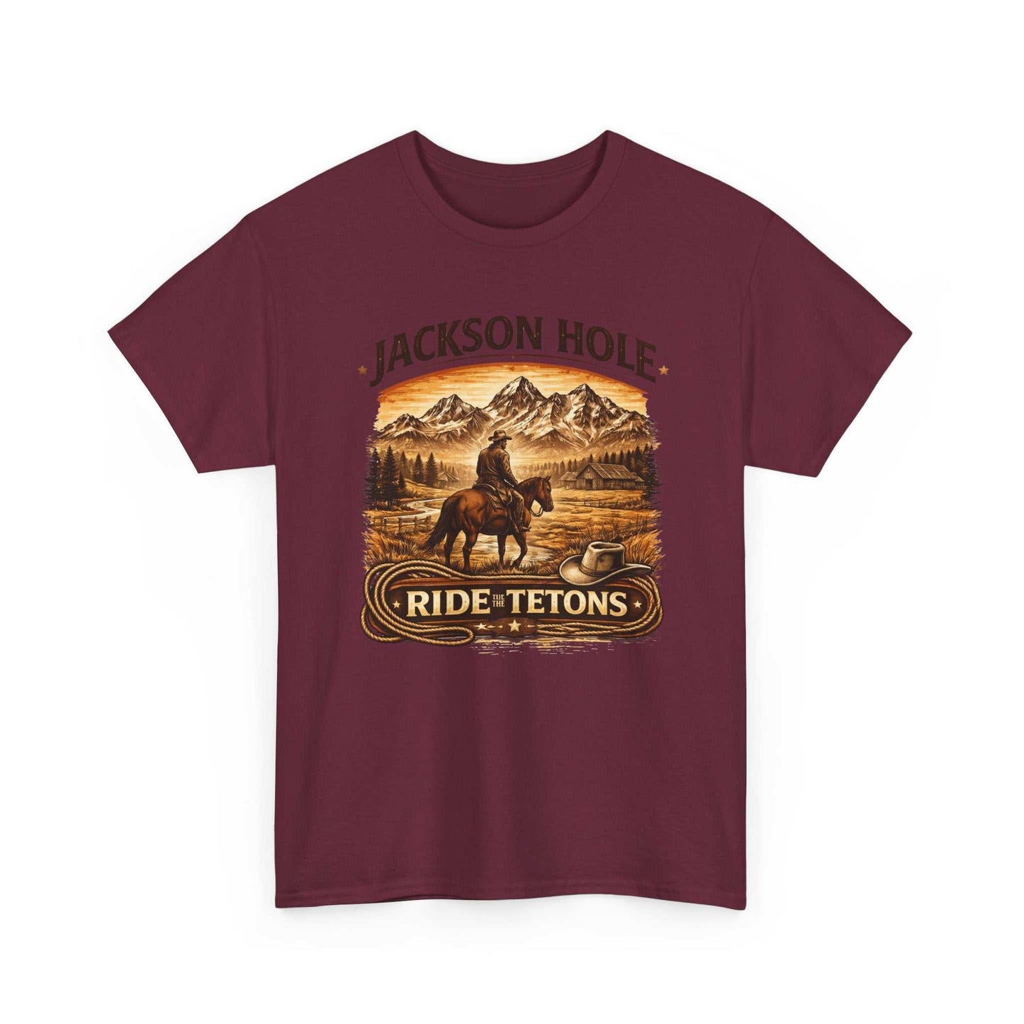Big Sky Ranch Co. Jackson Hole Ride Tetons T-Shirt featuring mountain and rodeo graphic in natural colors.