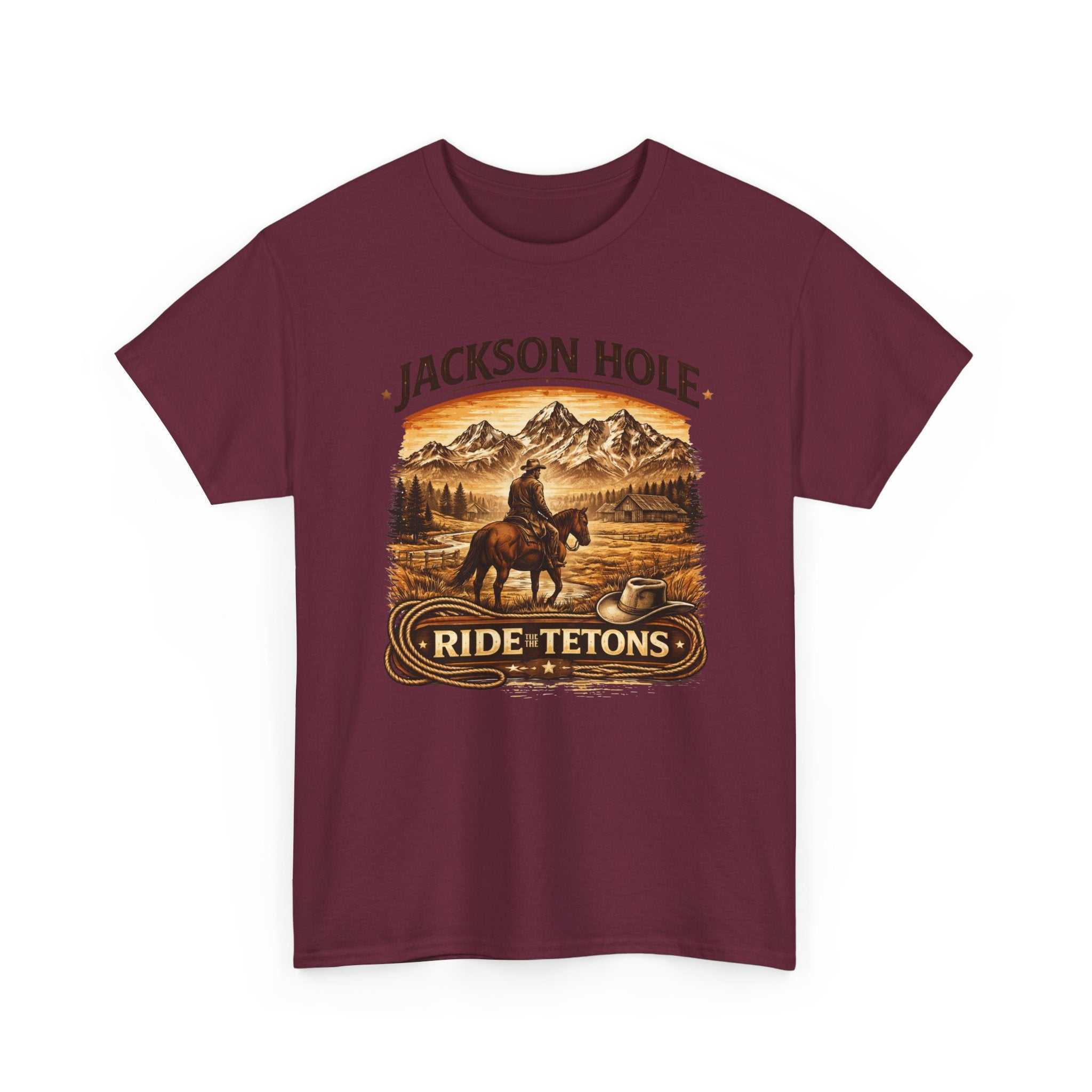 Big Sky Ranch Co. Jackson Hole Ride Tetons T-Shirt featuring mountain and rodeo graphic in natural colors.