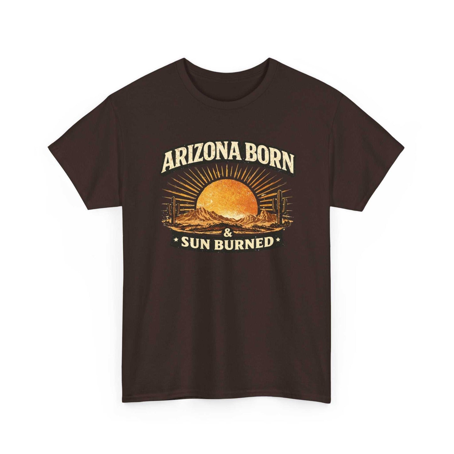 Big Sky Ranch Co. Arizona Born & Sun Burned T-Shirt featuring a desert sunset graphic on a casual cotton tee.