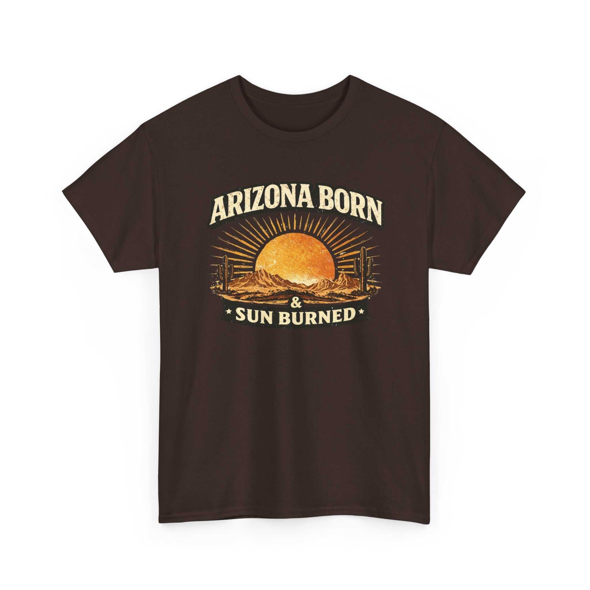Big Sky Ranch Co. Arizona Born & Sun Burned T-Shirt featuring a desert sunset graphic on a casual cotton tee.