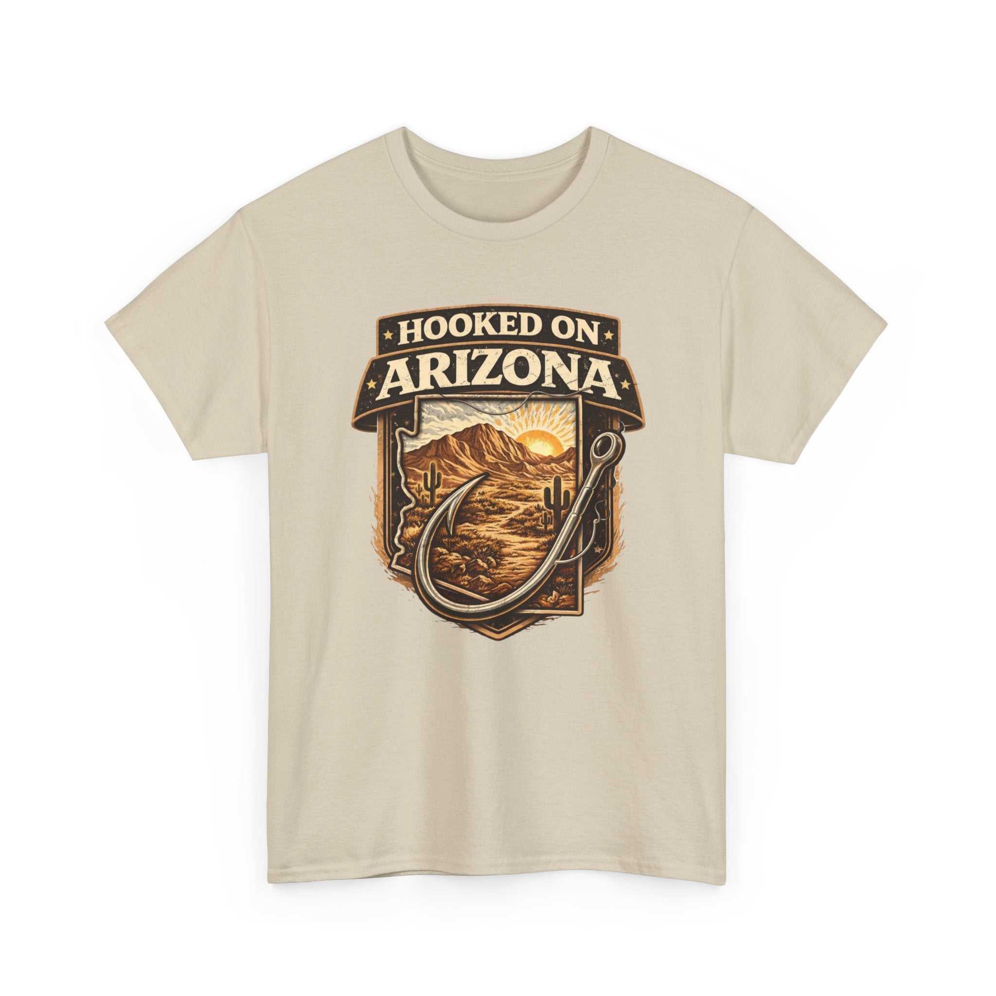Vintage outdoors angler T-shirt featuring Hooked on Arizona fishing design by Big Sky Ranch Co.