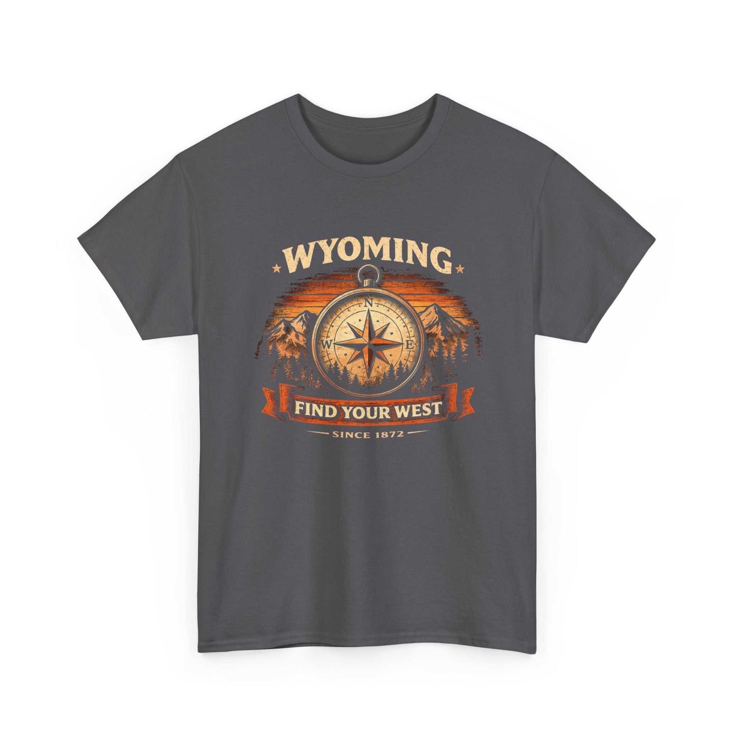 Big Sky Ranch Co. Wyoming Compass T-Shirt featuring vintage adventure design with "Find Your West" slogan and compass graphic.