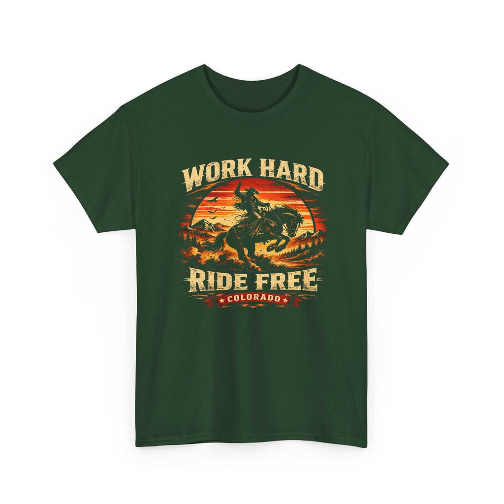 Big Sky Ranch Co. Work Hard Ride Free Colorado Cowboy motorcycle sunset T-shirt, featuring retro design and bold graphics.