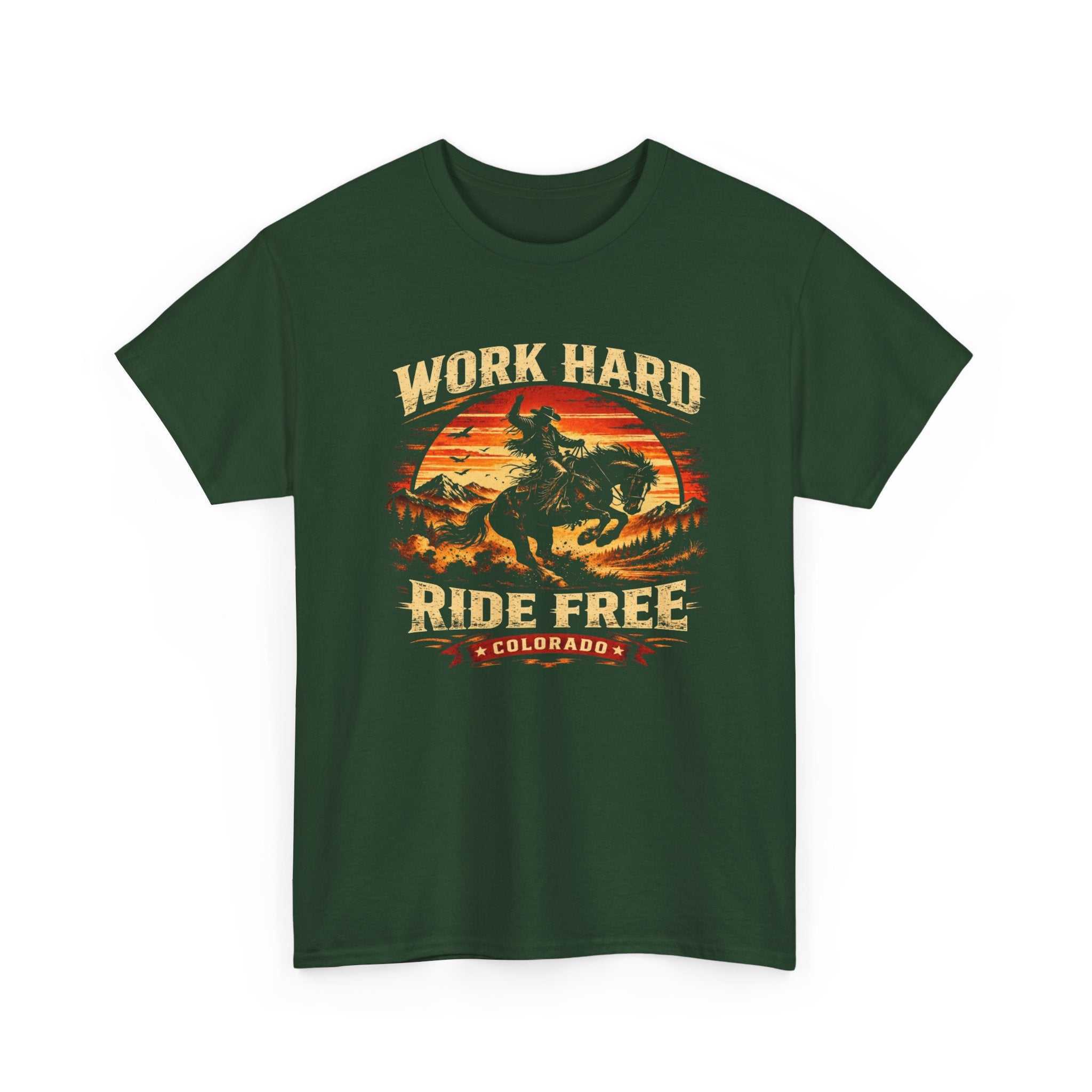 Big Sky Ranch Co. Work Hard Ride Free Colorado Cowboy motorcycle sunset T-shirt, featuring retro design and bold graphics.