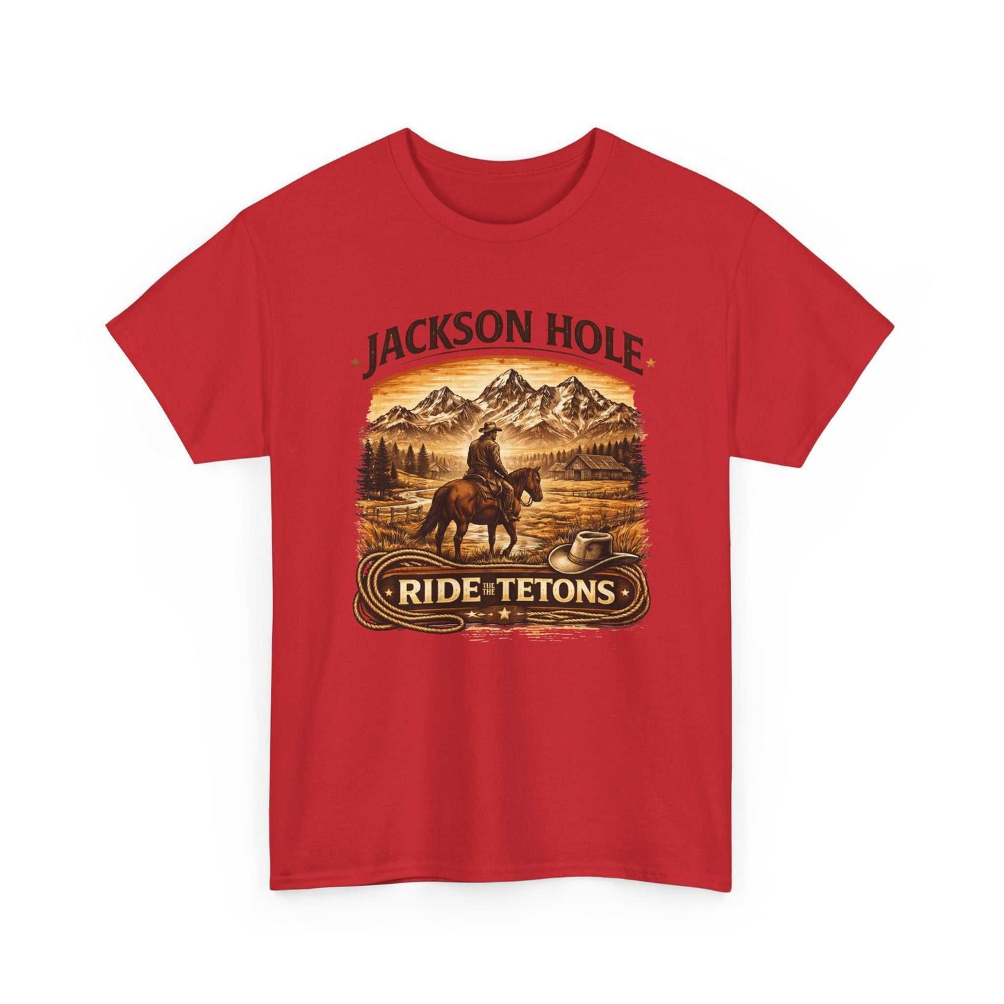 Big Sky Ranch Co. Jackson Hole Ride Tetons T-Shirt featuring mountain landscape and outdoor adventure design.
