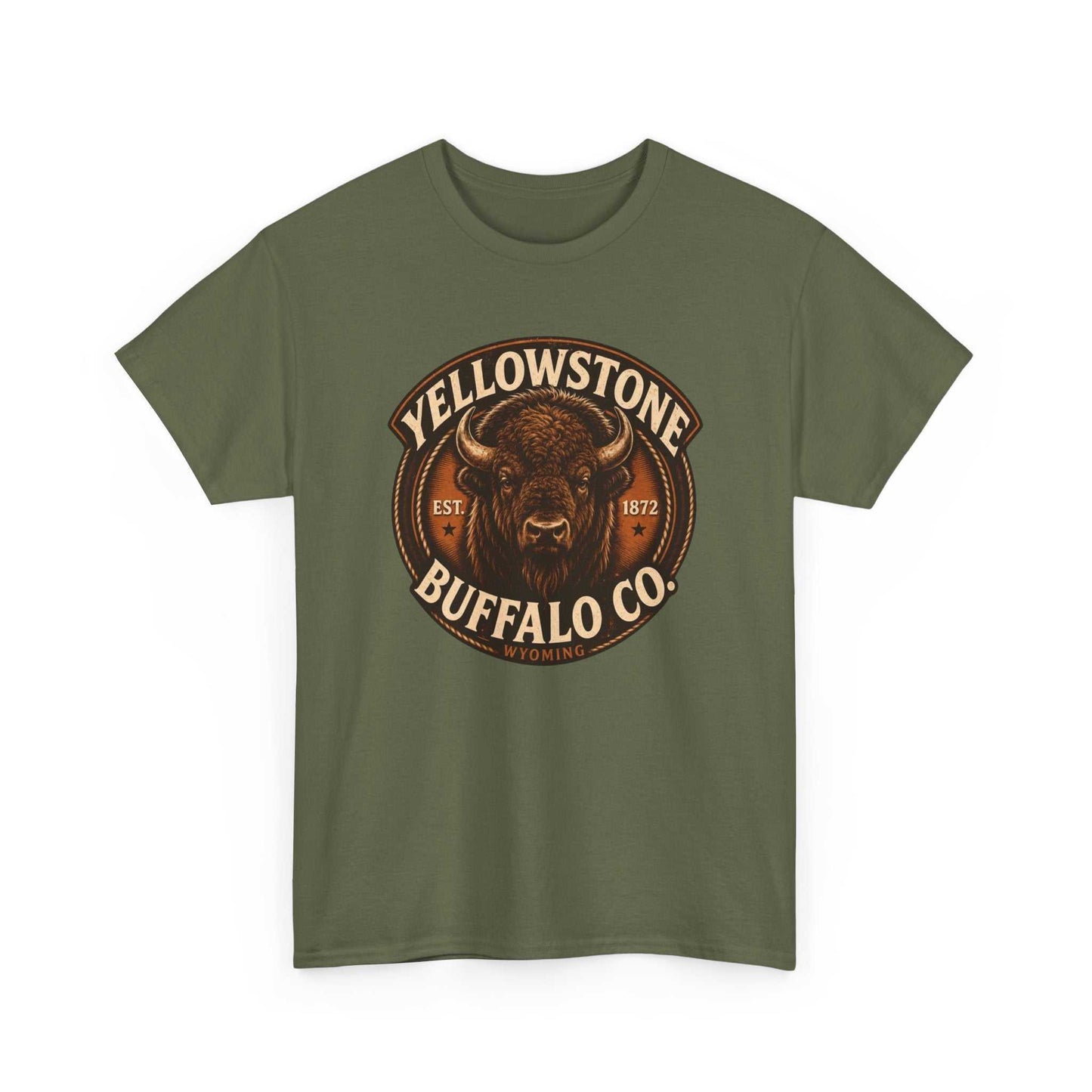 Yellowstone Buffalo Co. vintage rustic buffalo T-shirt by Big Sky Ranch Co. featuring a classic buffalo graphic design.