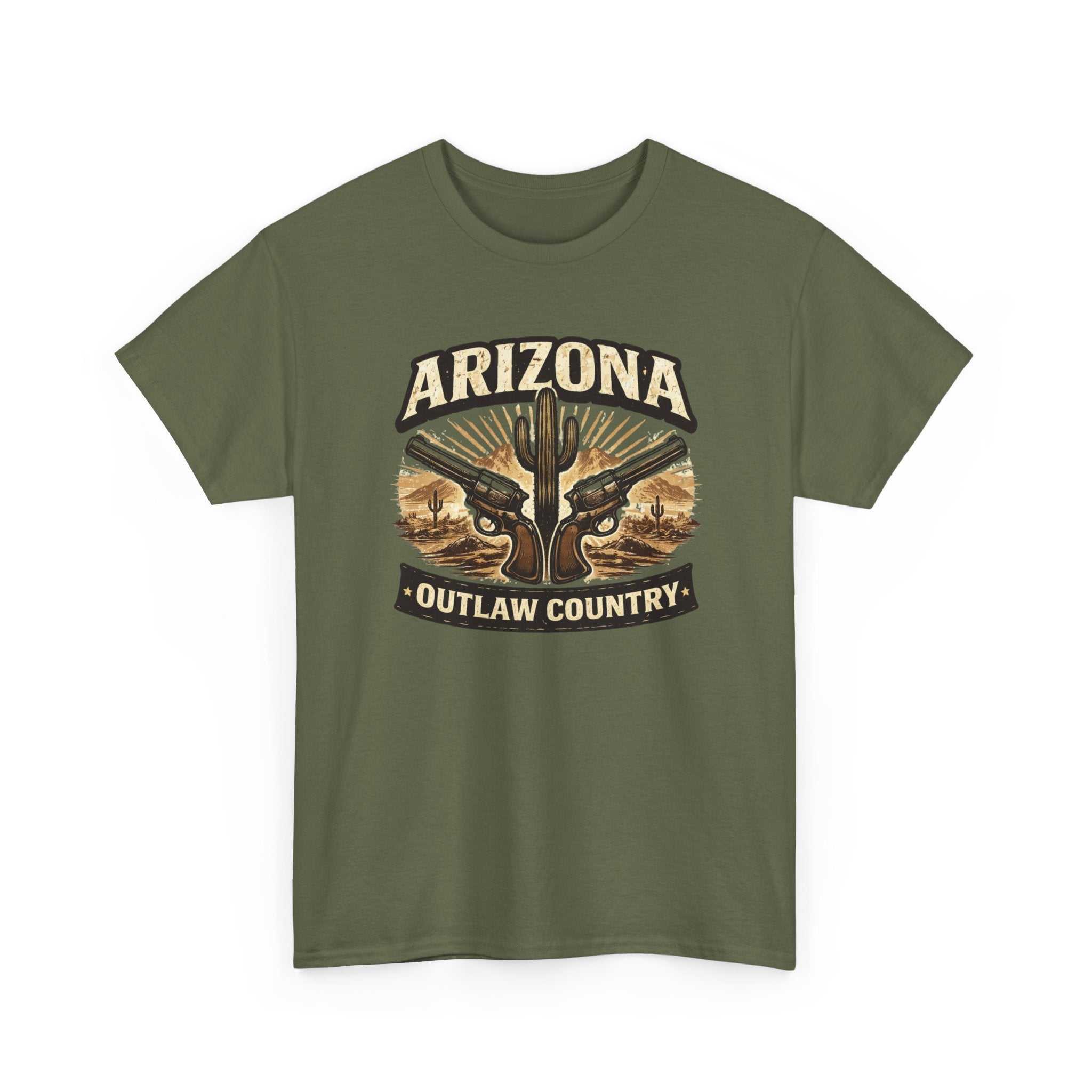 Arizona Outlaw Country T-Shirt by Big Sky Ranch Co., featuring a desert cactus western graphic design.