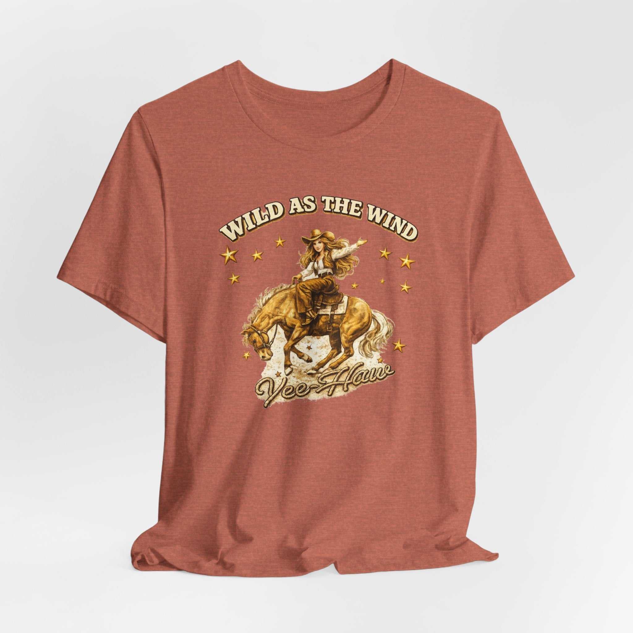 Wild as the Wind Cowgirl Tee by Big Sky Ranch Co., vintage western rodeo graphic T-shirt with cowgirl and rodeo design.