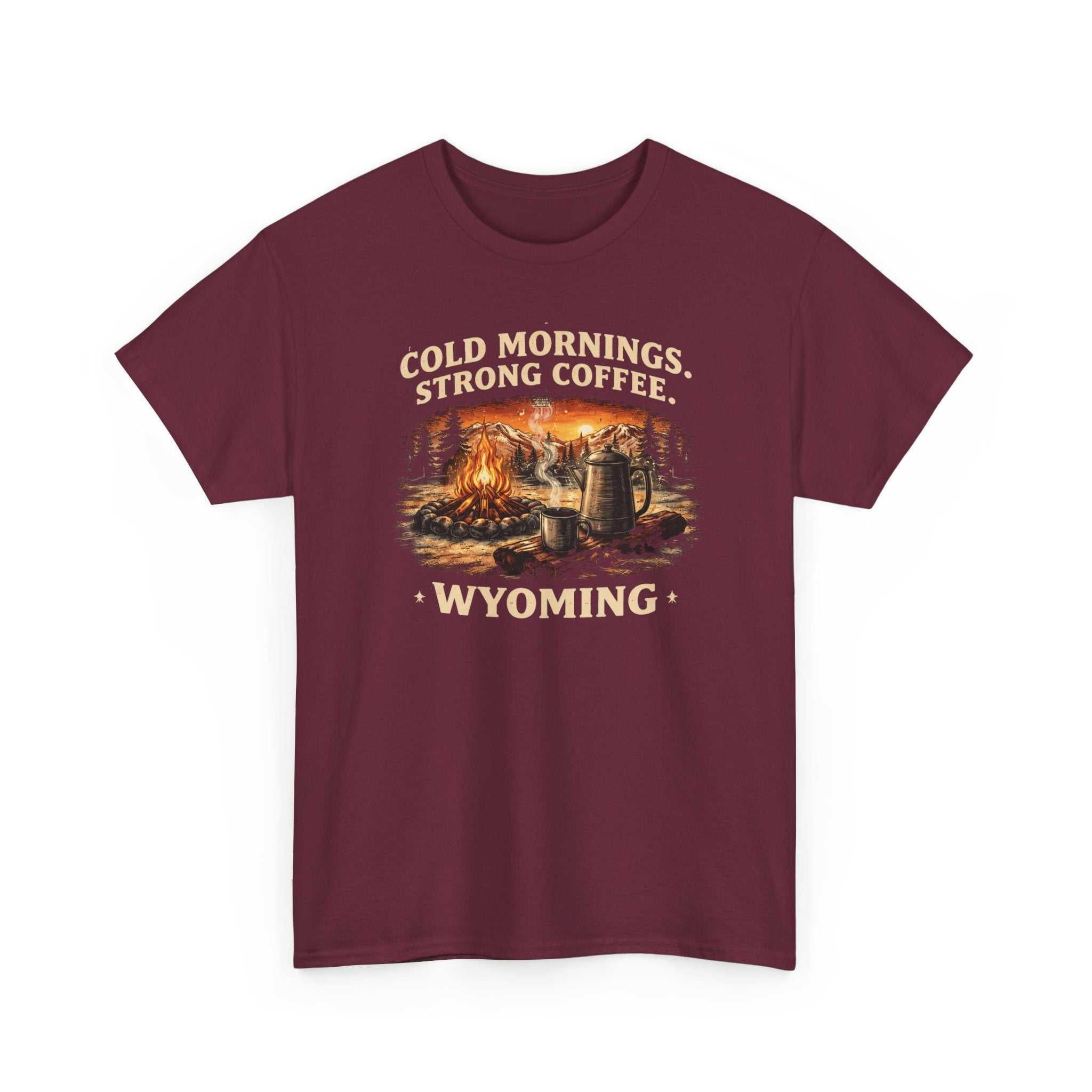 Big Sky Ranch Co. Wyoming Campfire T-Shirt with outdoor graphic and the phrase "Cold Mornings, Strong Coffee" on a casual tee.