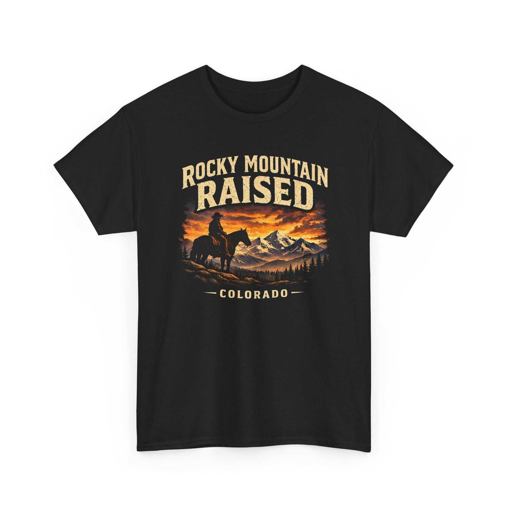 Big Sky Ranch Co. Rocky Mountain Raised Colorado Western cowboy sunset T-shirt showing a scenic mountain and sunset design.