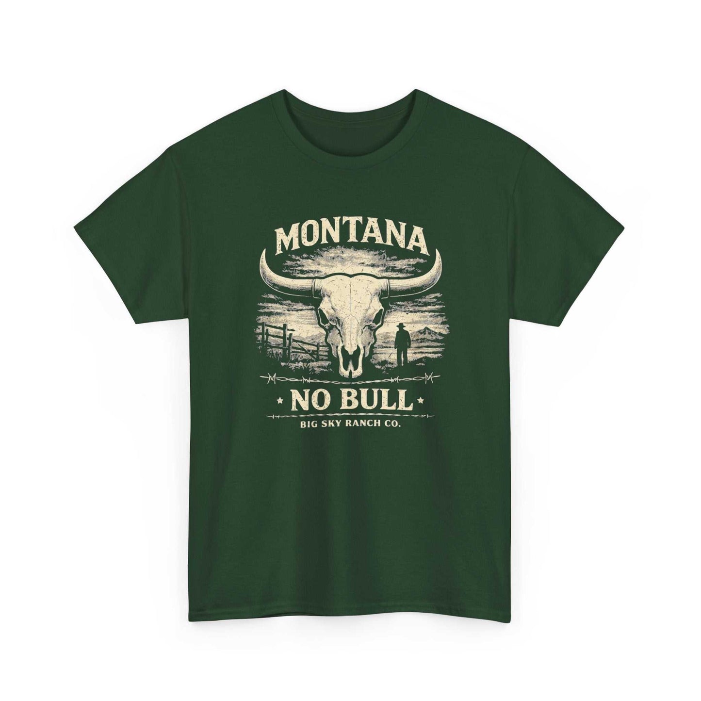 Big Sky Ranch Co. Montana No Bull T-Shirt featuring Western Longhorn Ranch design, casual cotton tee with Western-themed artwork.