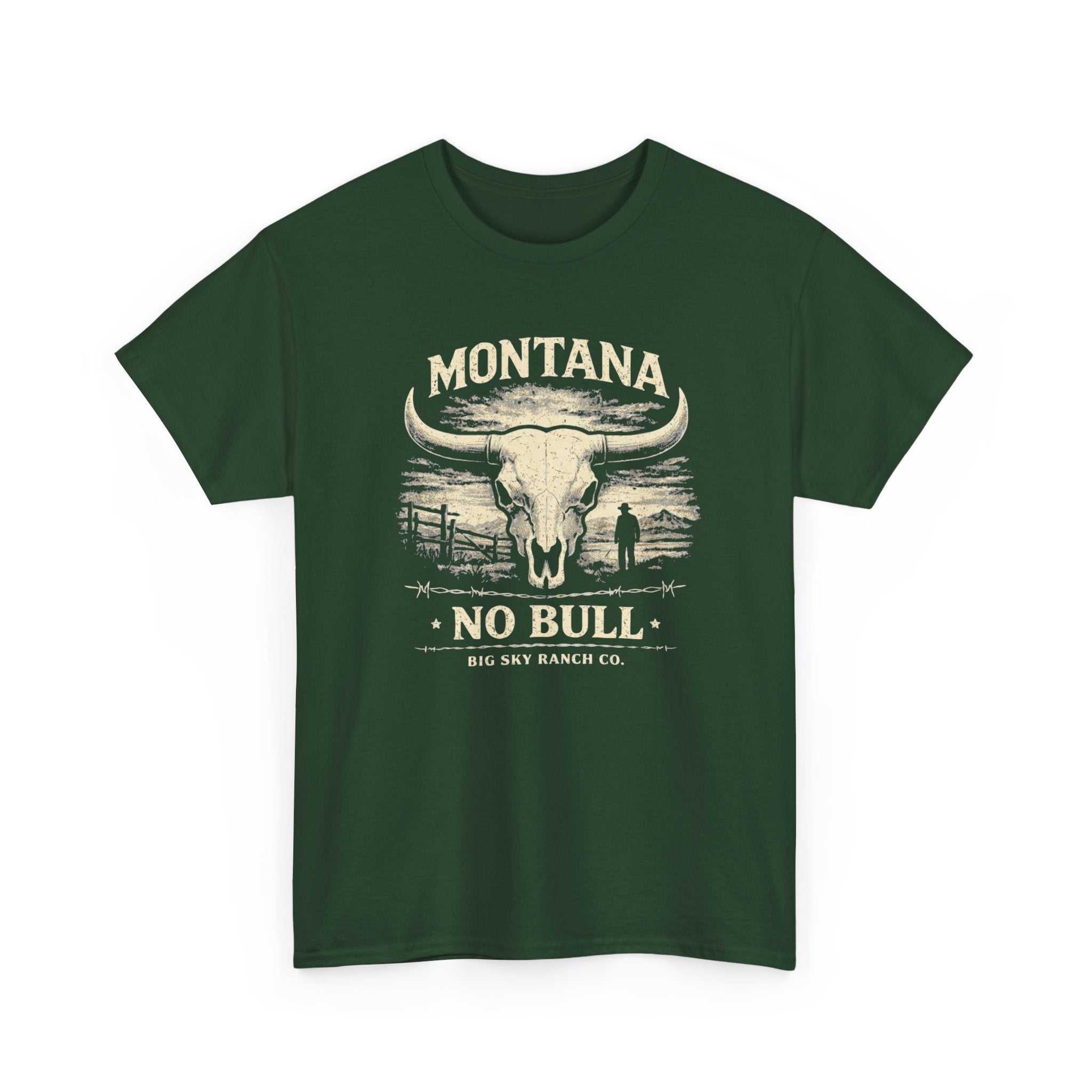 Big Sky Ranch Co. Montana No Bull T-Shirt featuring Western Longhorn Ranch design, casual cotton tee with Western-themed artwork.