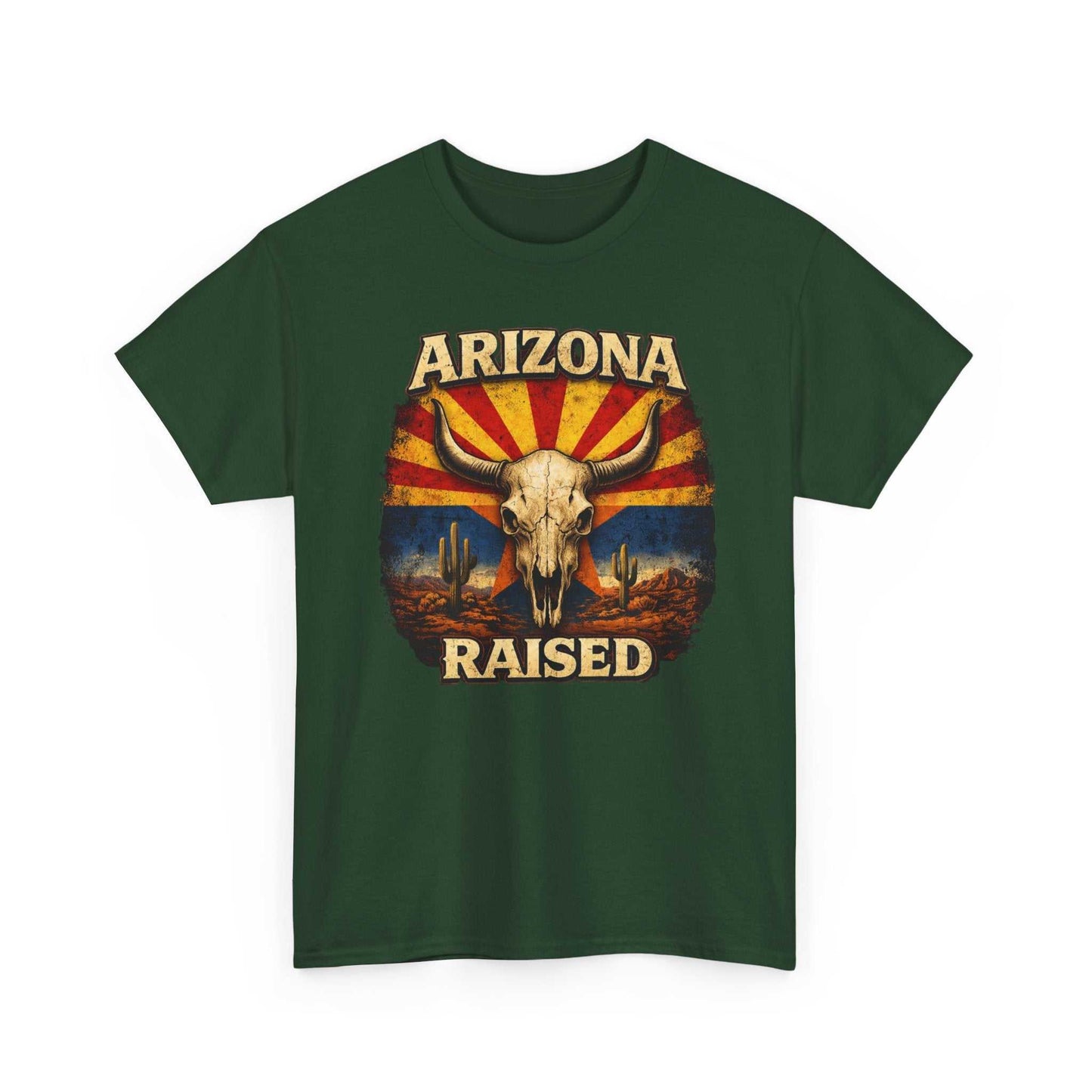 Arizona Raised T-Shirt by Big Sky Ranch Co. featuring a desert skull and retro flag design on lightweight cotton tee.