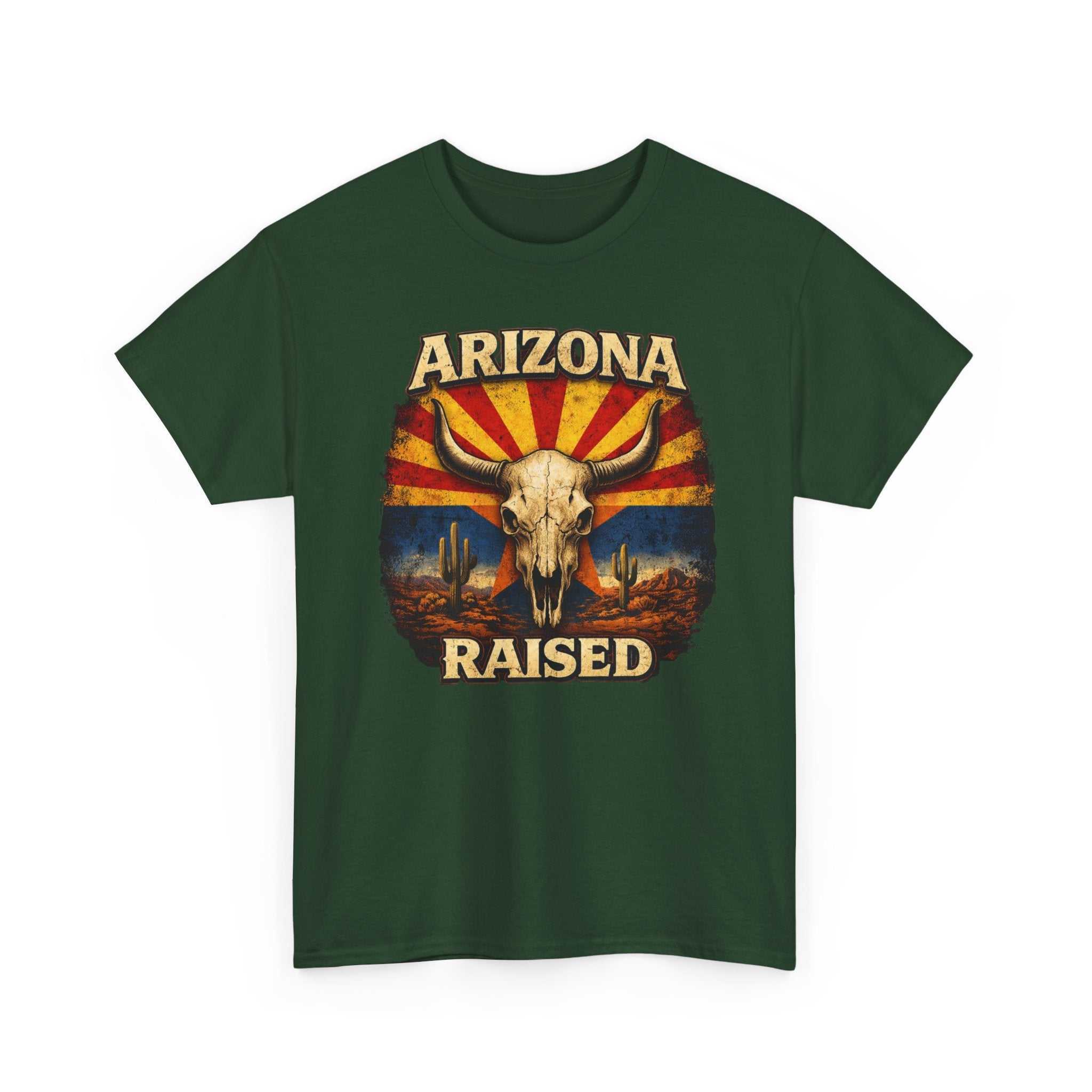 Arizona Raised T-Shirt by Big Sky Ranch Co. featuring a desert skull and retro flag design on lightweight cotton tee.