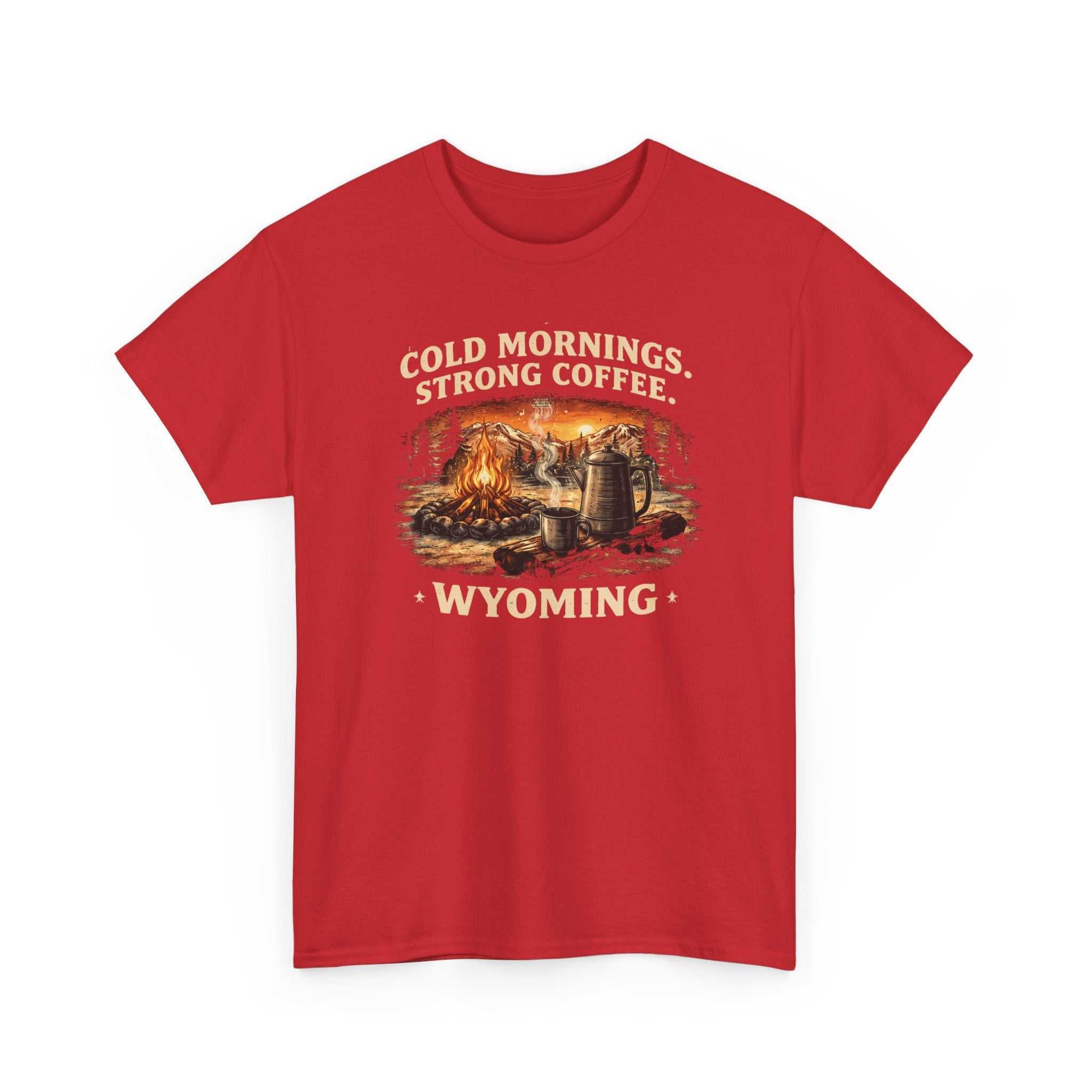 Big Sky Ranch Co. Wyoming Campfire T-Shirt showing outdoor graphic with "Cold Mornings, Strong Coffee" text and campfire illustration.