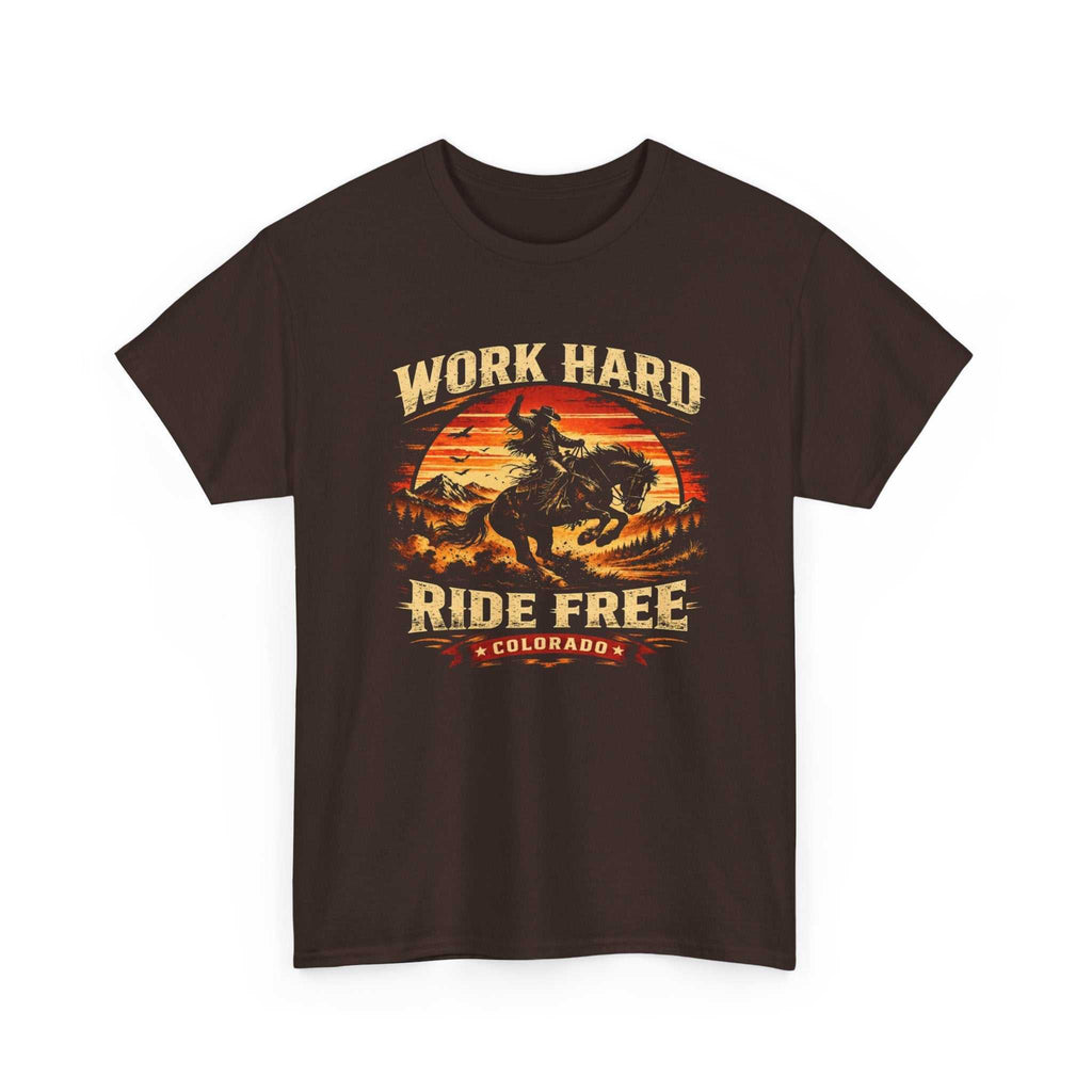 Colorado Cowboy motorcycle T-shirt by Big Sky Ranch Co. featuring retro sunset design and bold "Work Hard Ride Free" slogan.